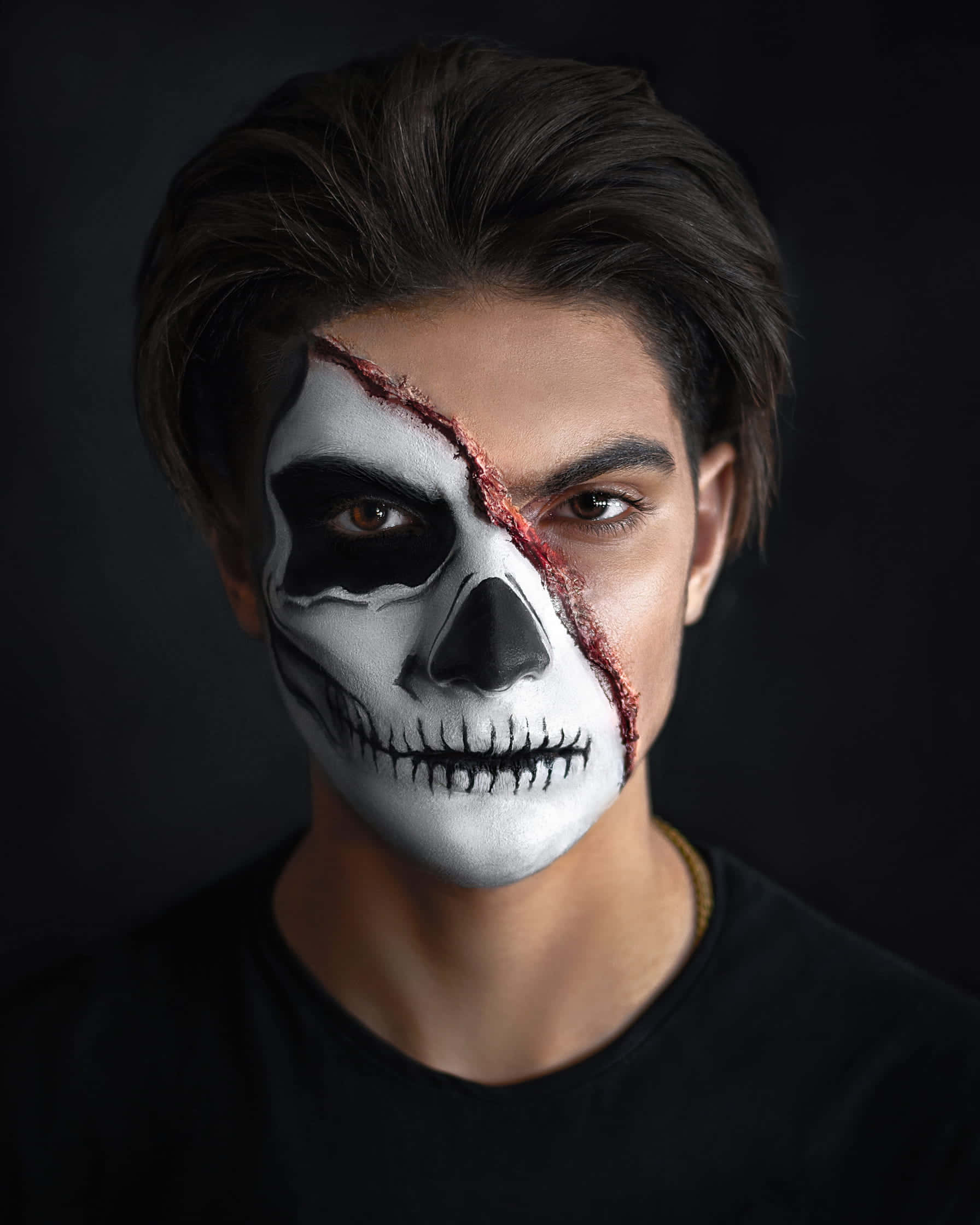 Halloween Face Paint, skull, young man, Full HD Phone Wallpaper