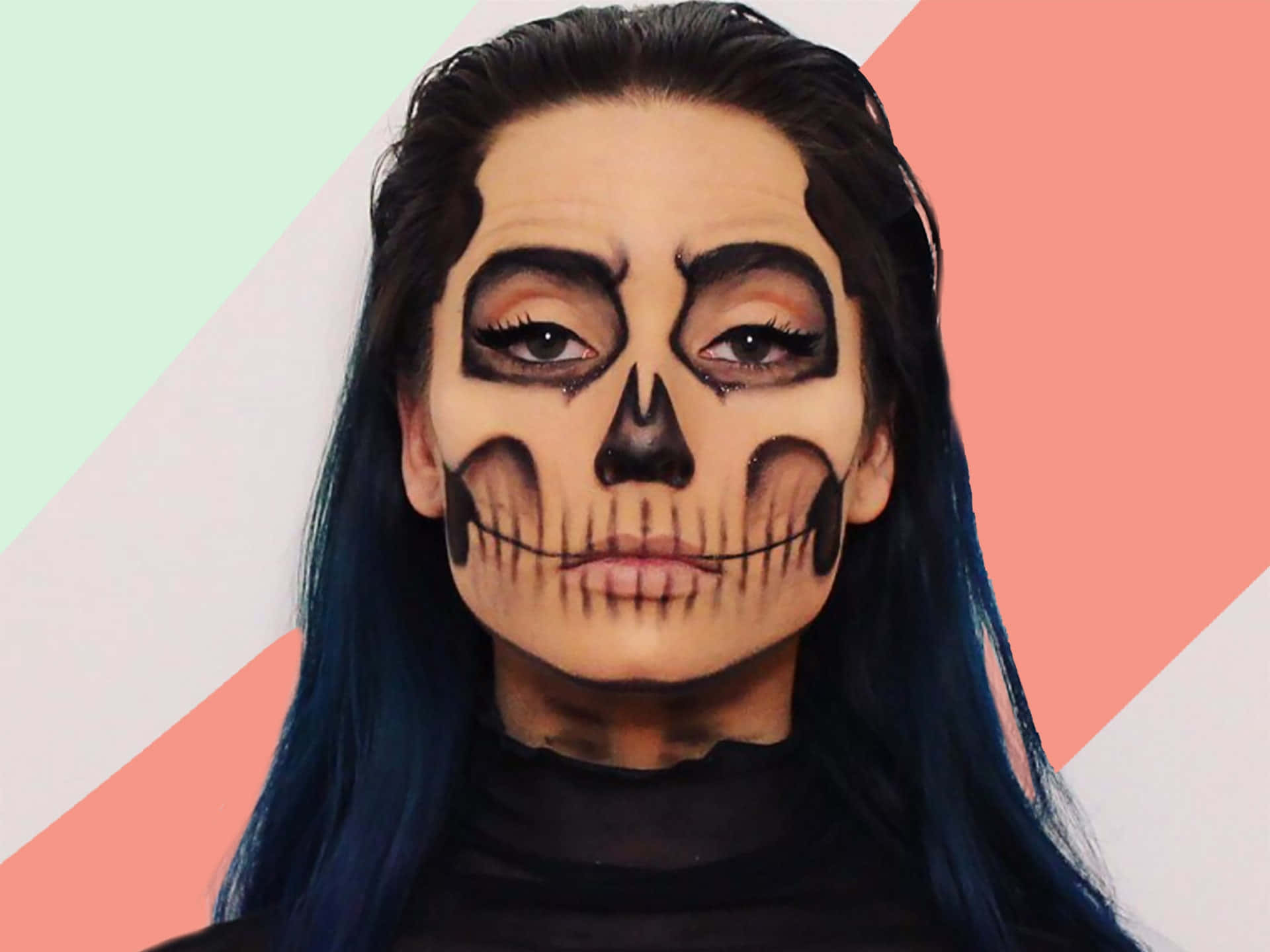 sugar skull makeup, blue hair, pastel geometric background, Full HD Desktop Wallpaper