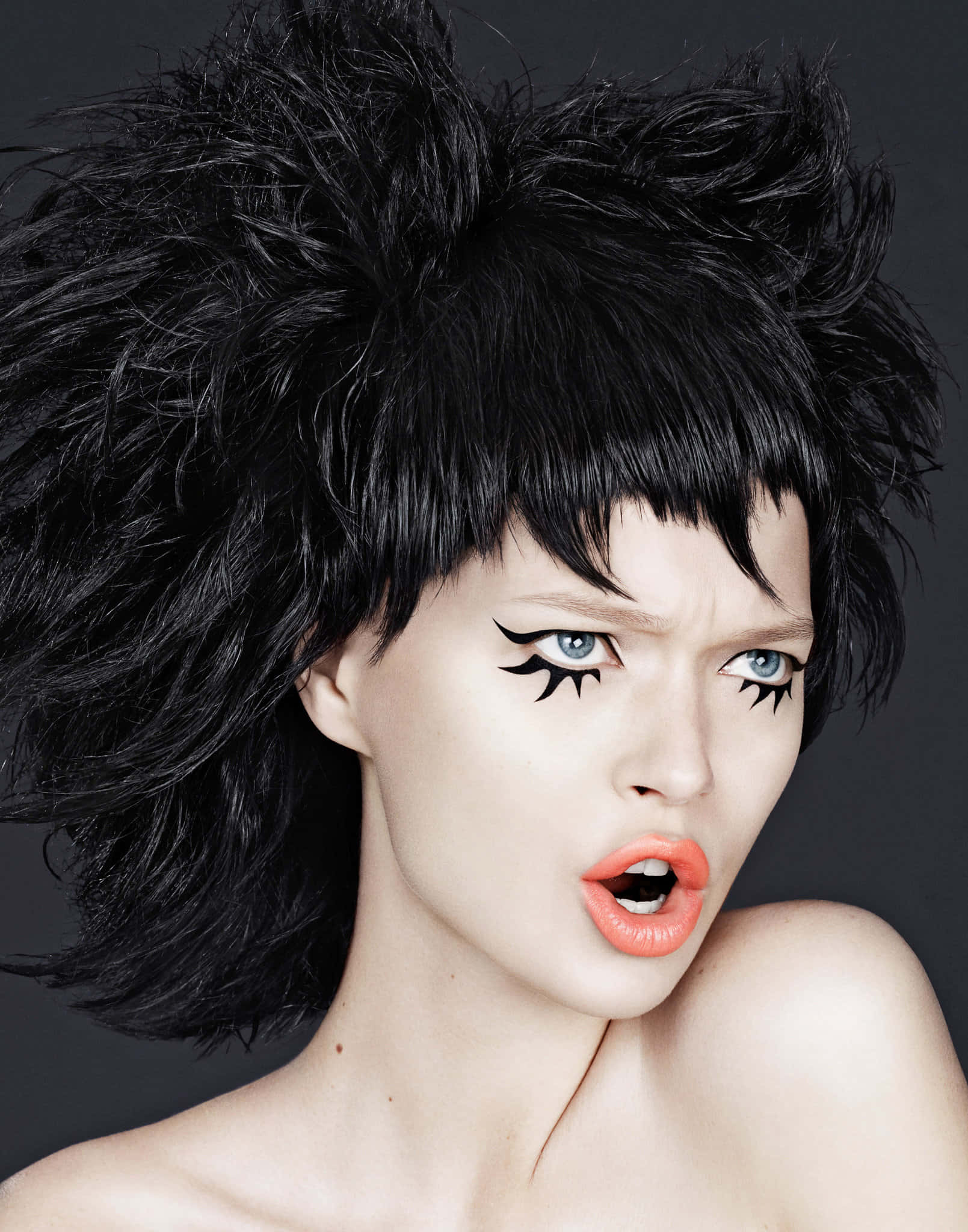 Halloween Face Paint, wild black hair, dramatic black winged eyeliner, Full HD Phone Wallpaper