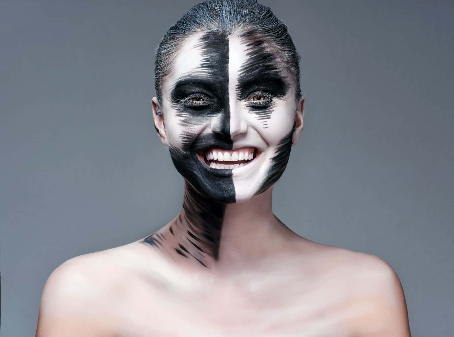 Halloween face paint, black and white face paint, neutral gray background, HD Desktop Wallpaper