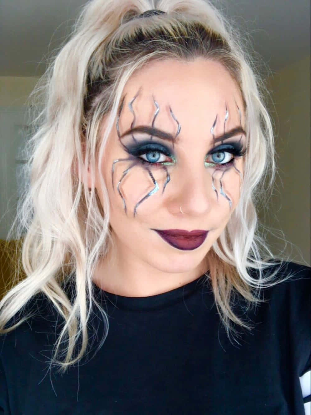 platinum blonde hair, dramatic spiderweb makeup, Halloween face paint, HD Phone Wallpaper