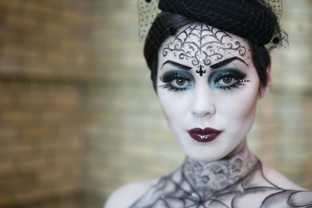 Halloween Face Paint, black lace-like makeup, teal eyes, HD Desktop Wallpaper