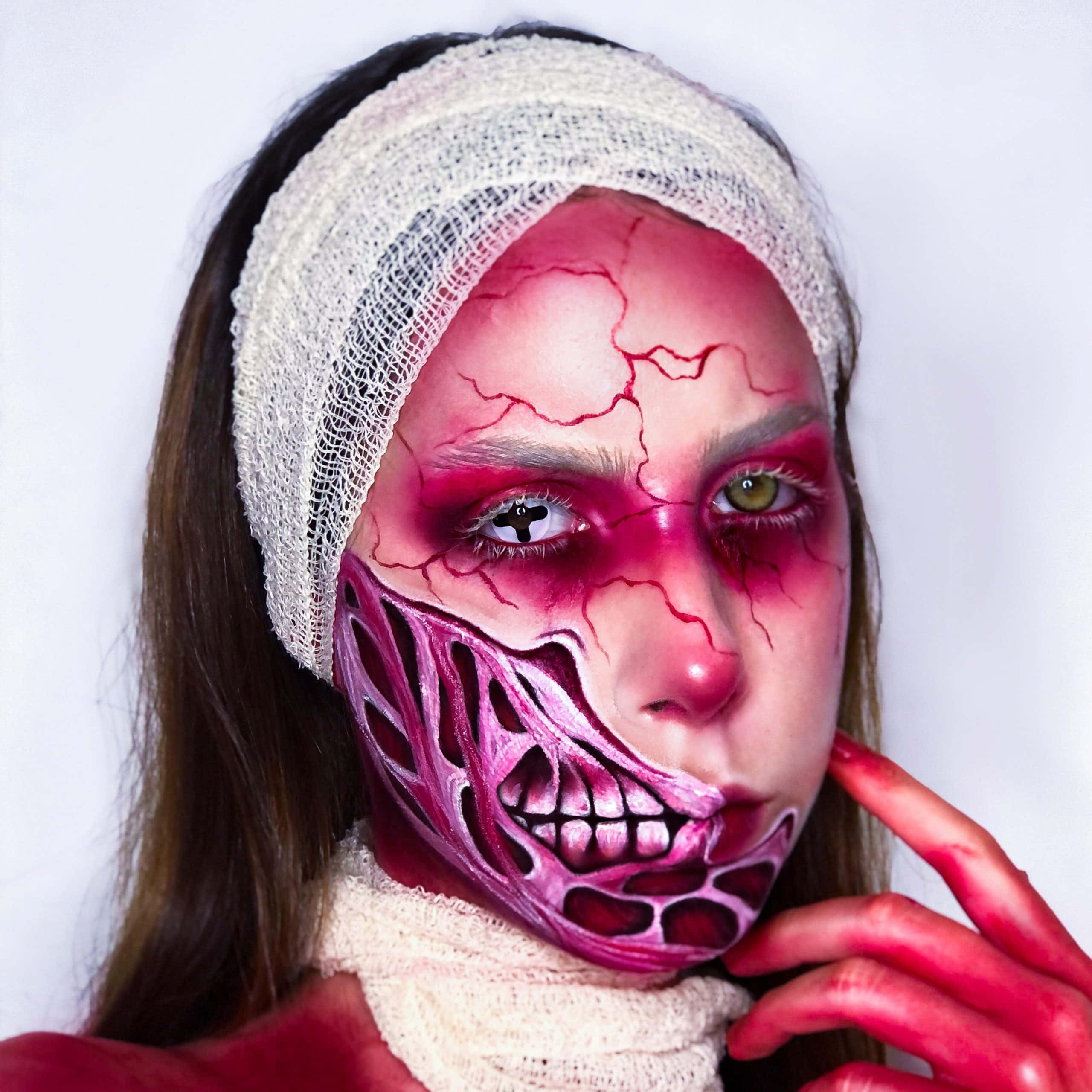 Halloween Face Paint, red cracked makeup, skeletal lower face design, 2K Desktop Wallpaper