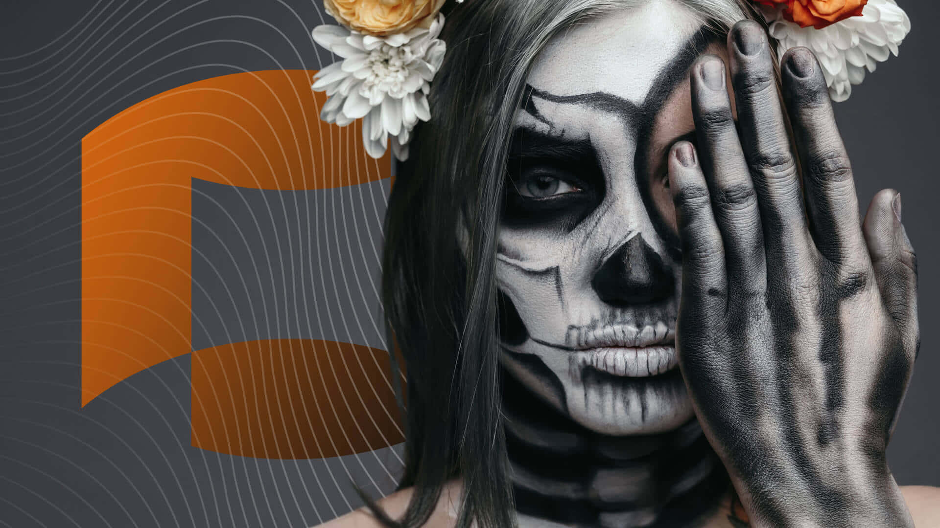 sugar skull makeup, floral crown, painted hand, Full HD Desktop Wallpaper