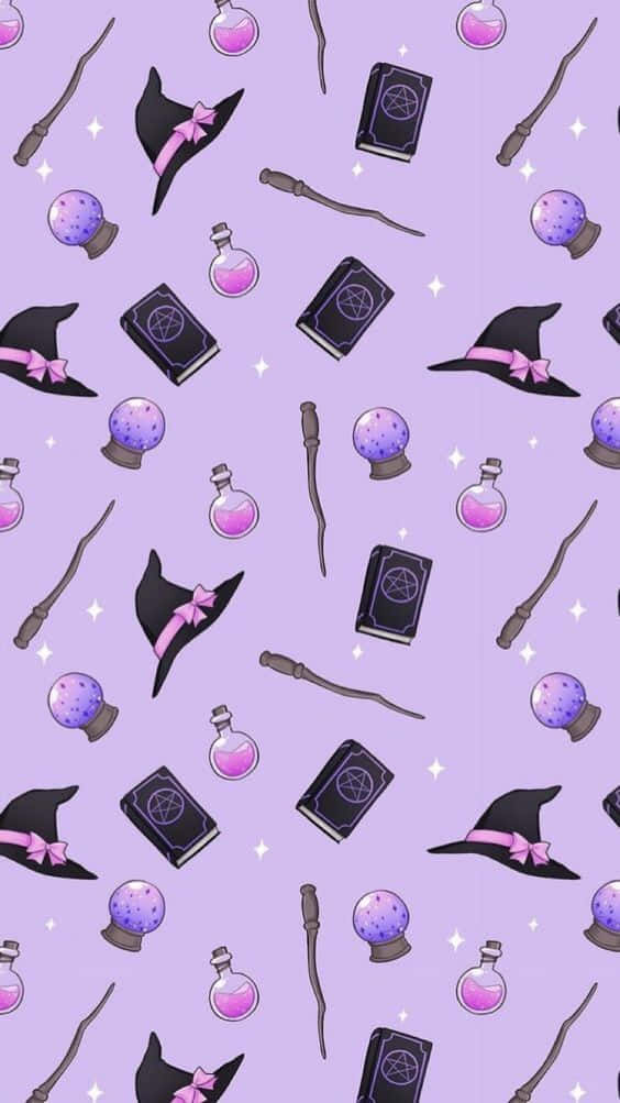 purple Halloween, witch hats, wands, SD Phone Wallpaper