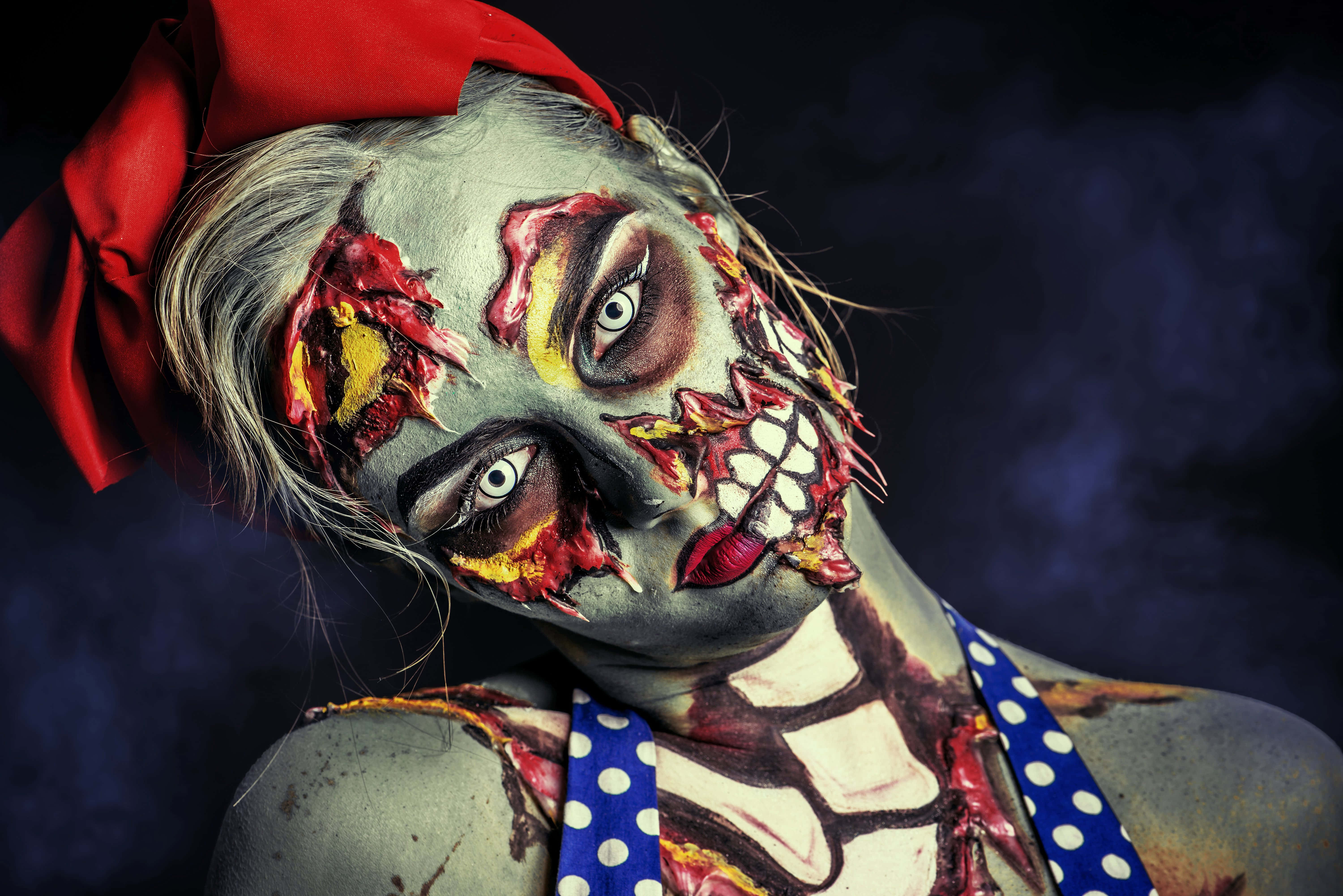 zombie woman, gruesome makeup, red bow, 5K Desktop Wallpaper
