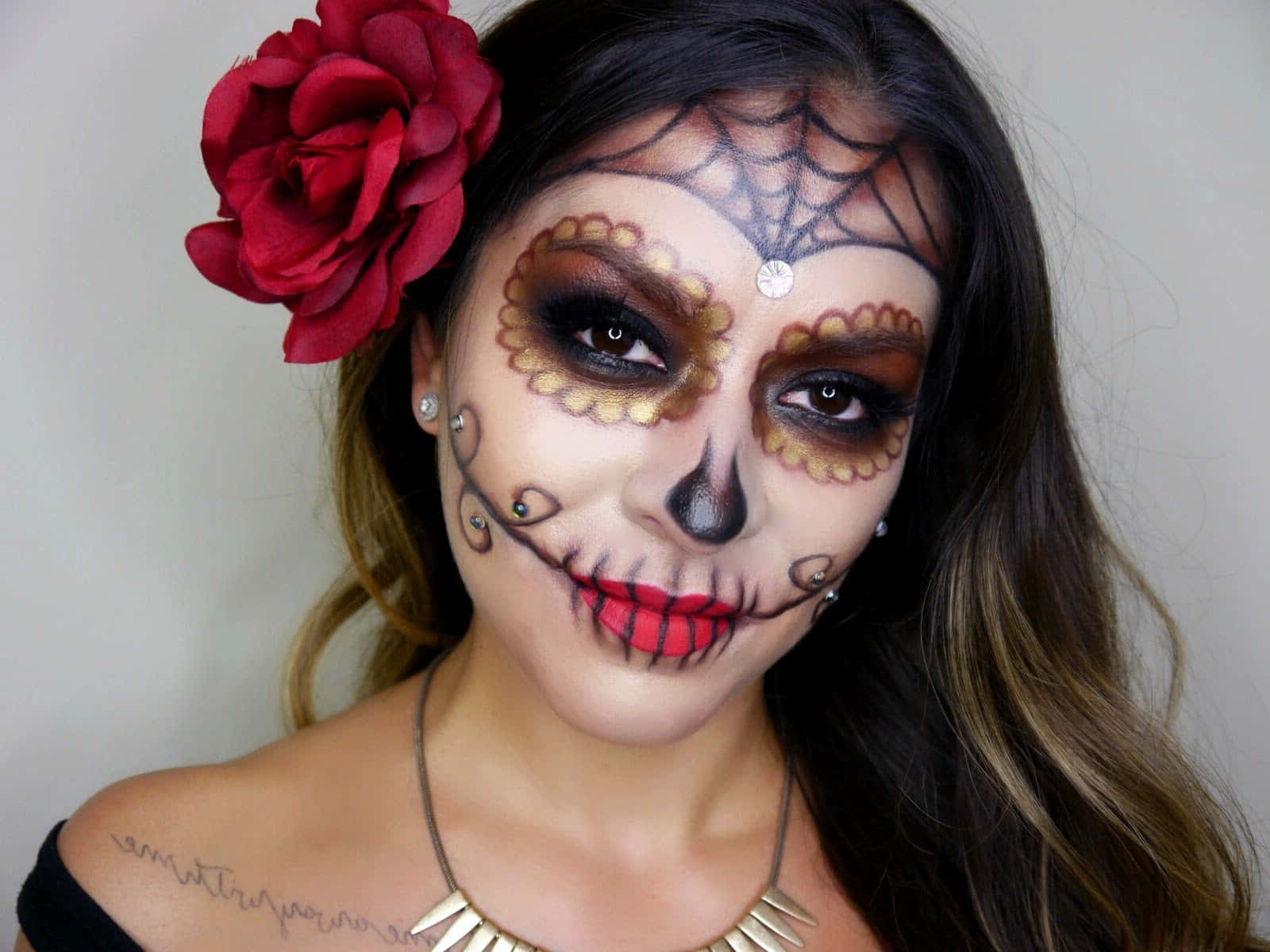 sugar skull makeup, red rose, woman, HD Desktop Wallpaper