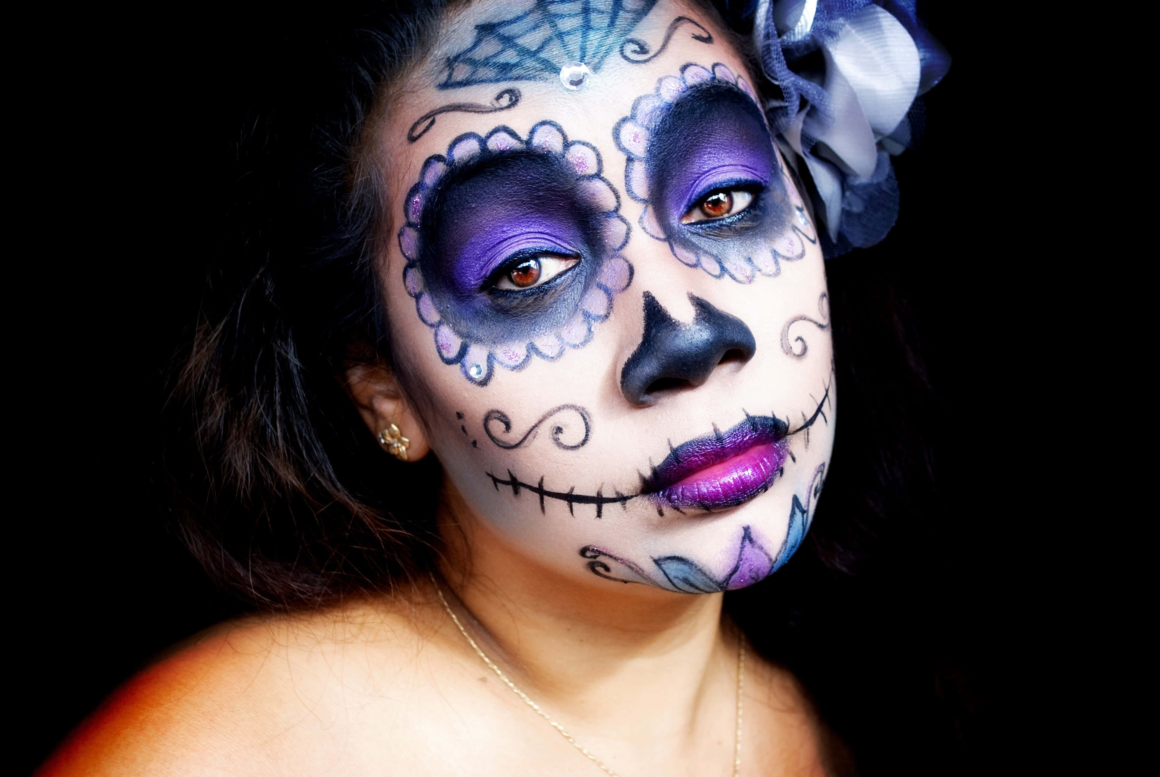 purple and black sugar skull makeup, stark black background, woman, 4K Desktop Wallpaper