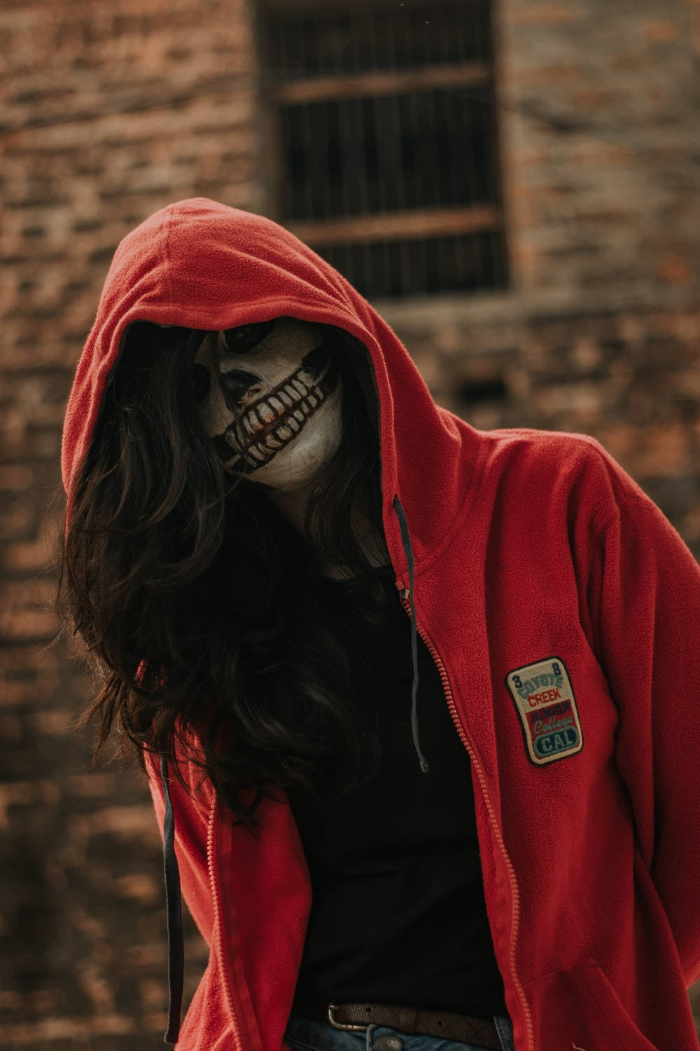 Hoodie Girl Skeleton Face Paint, red hoodie, skull mask, HD Phone Wallpaper