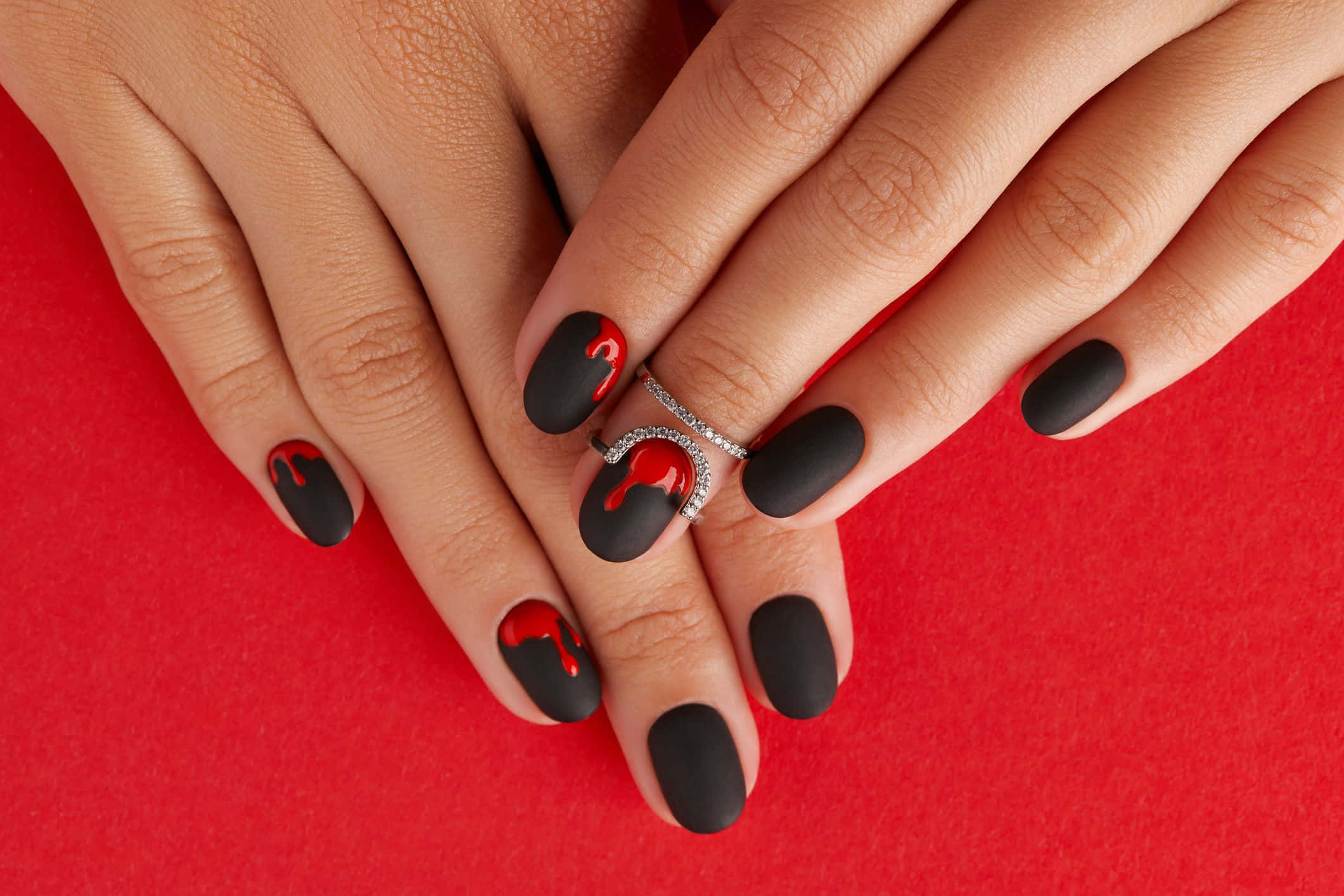 matte black nails, red dripping designs, vivid red background, Full HD Desktop Wallpaper