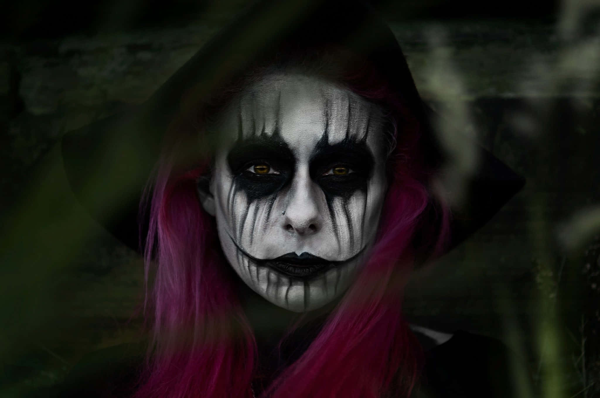 skull makeup, vibrant pink hair, dark, eerie forest, Full HD Desktop Wallpaper