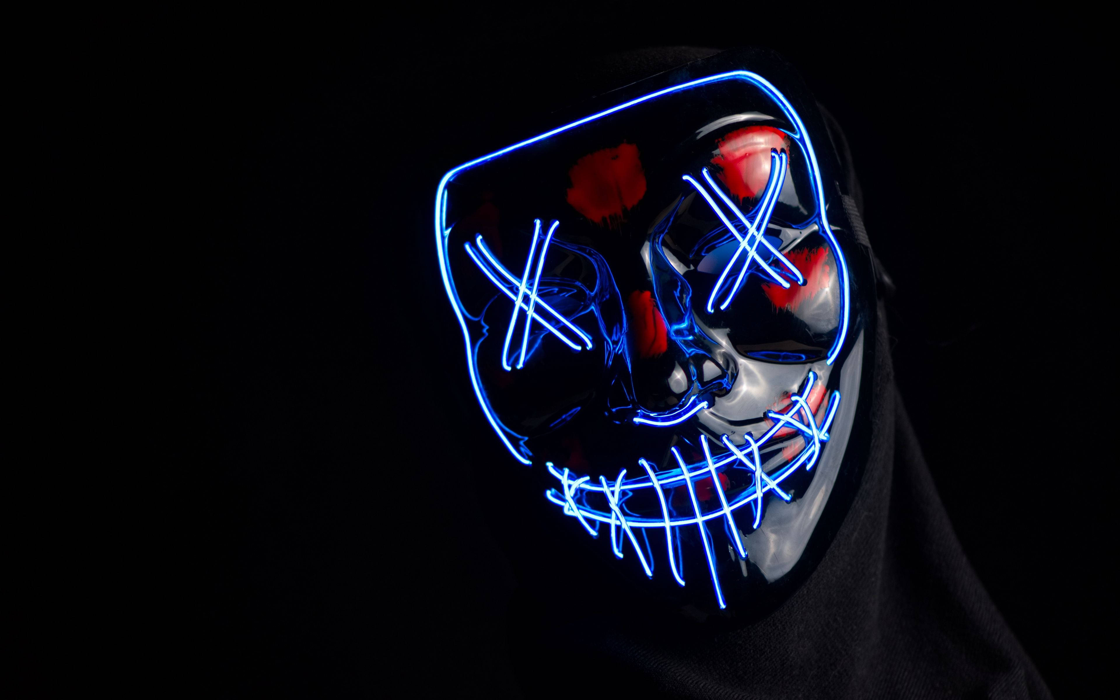 glowing blue LED mask, red accents, stitched mouth design, 4K Desktop Wallpaper