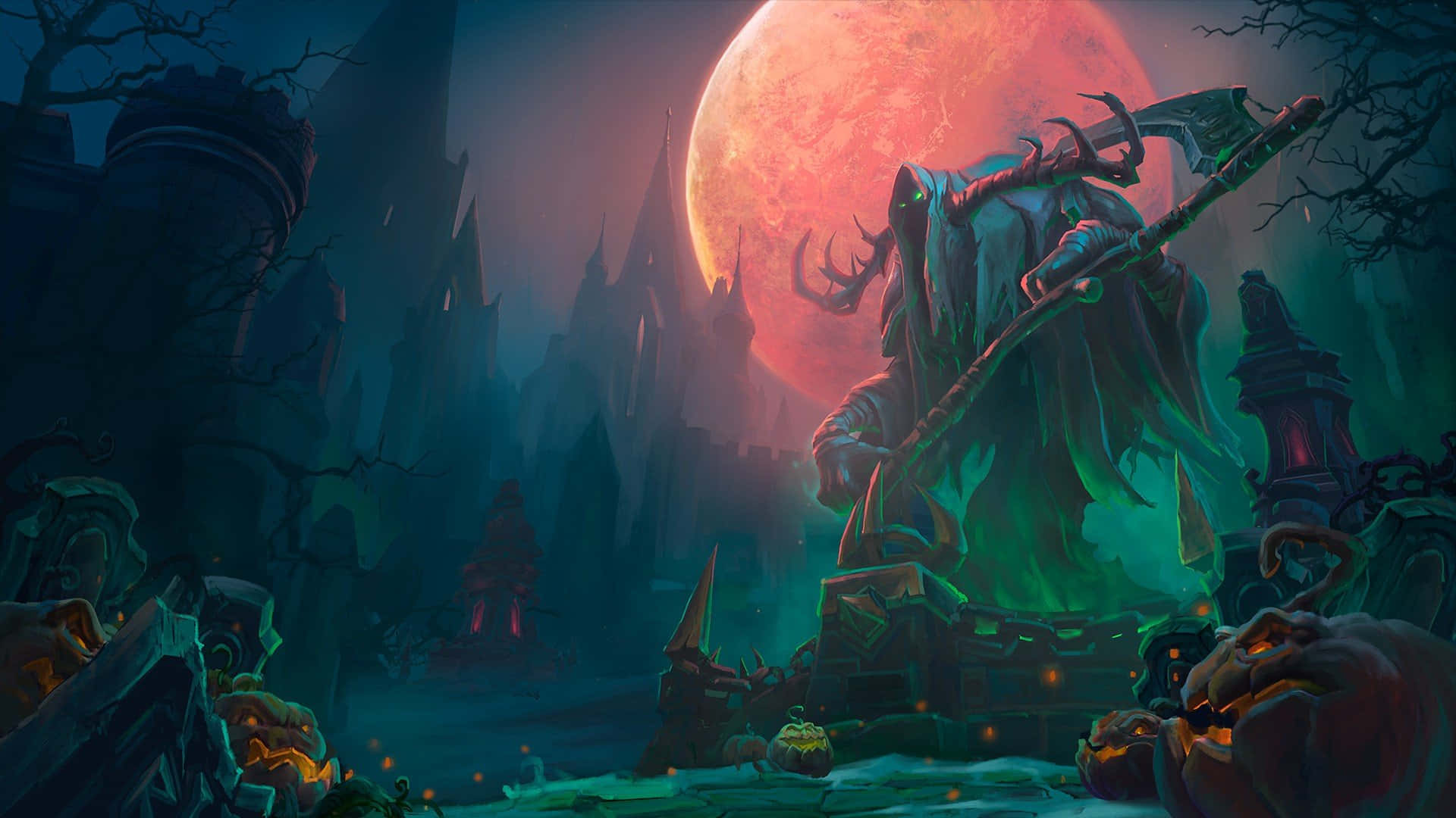 Halloween Games, glowing staff, massive red moon, Full HD Desktop Wallpaper
