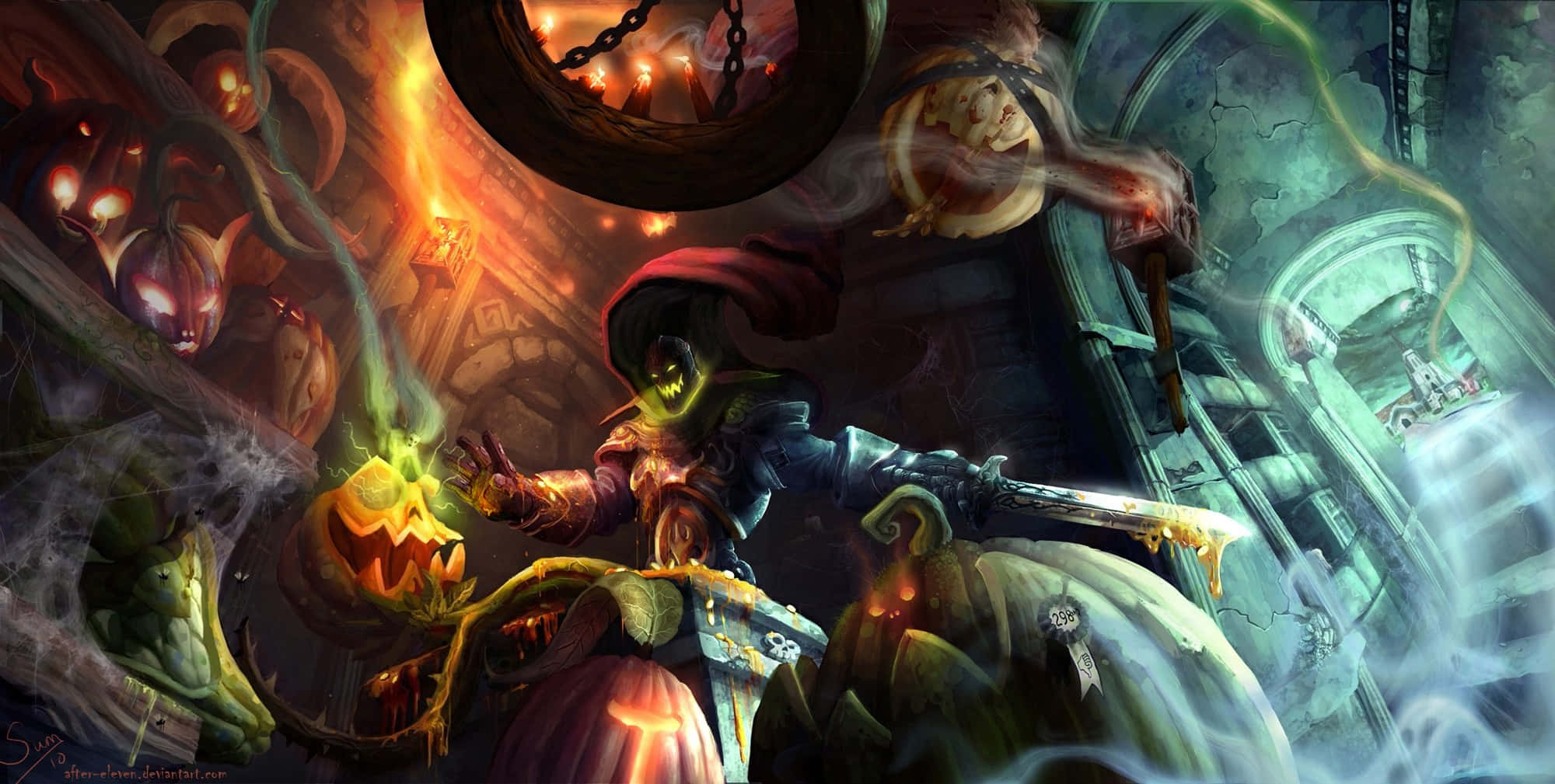 Halloween Games, glowing sword, floating pumpkins, Full HD Desktop Wallpaper