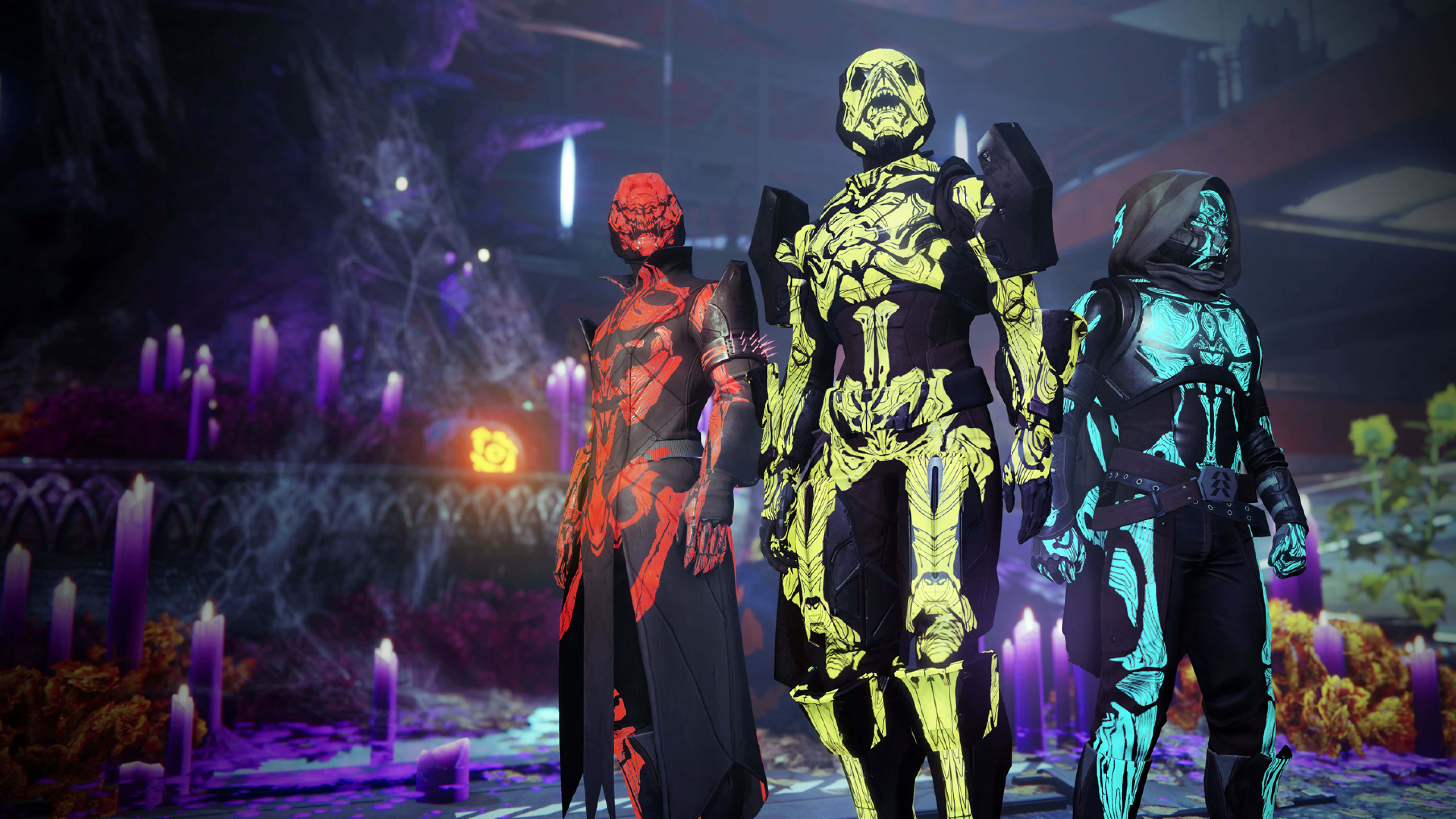 Halloween Games, glowing armored figures, dark gothic chamber, 5K Desktop Wallpaper