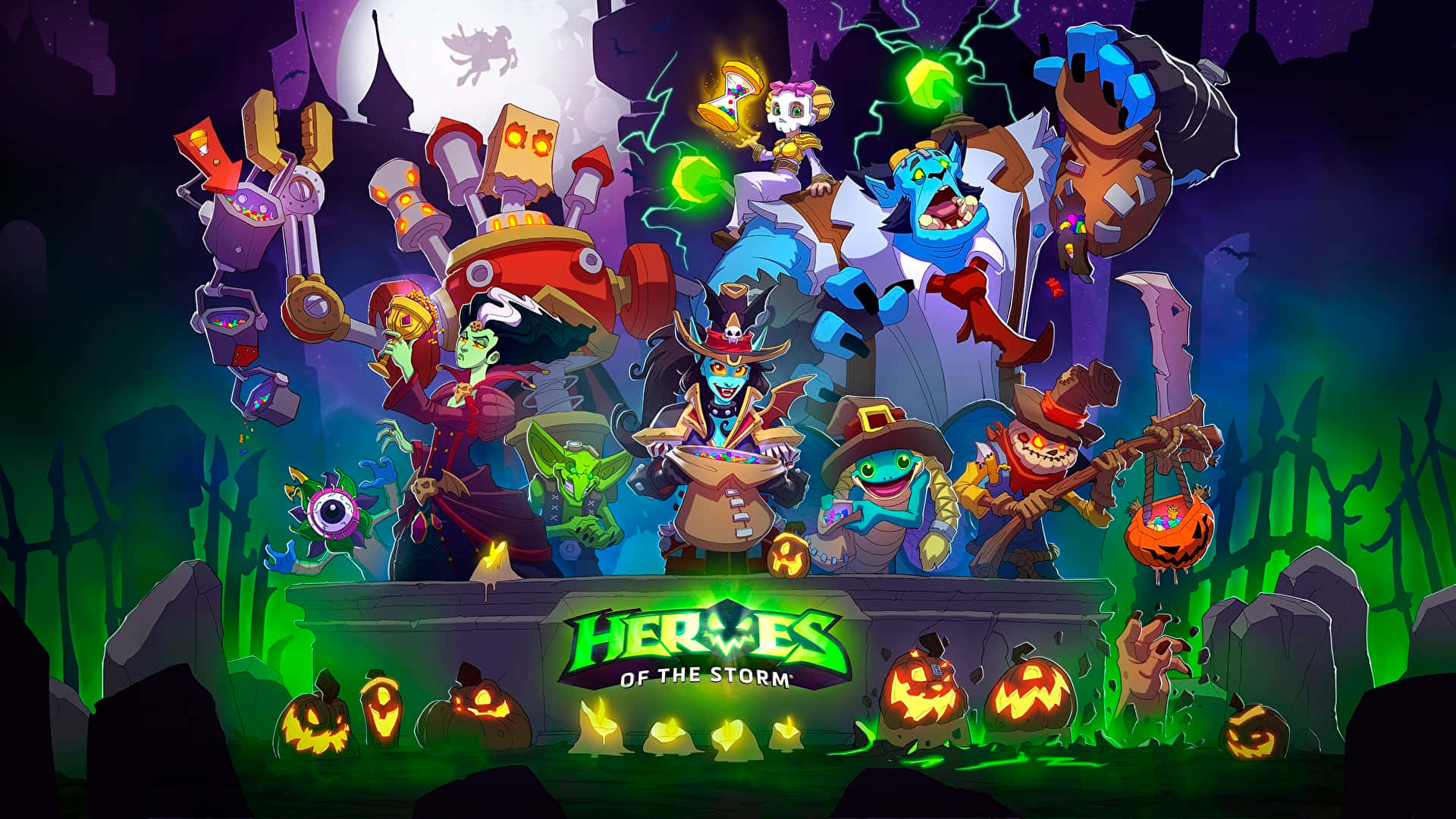 Halloween Games, glowing tombstone, pumpkins, Full HD Desktop Wallpaper