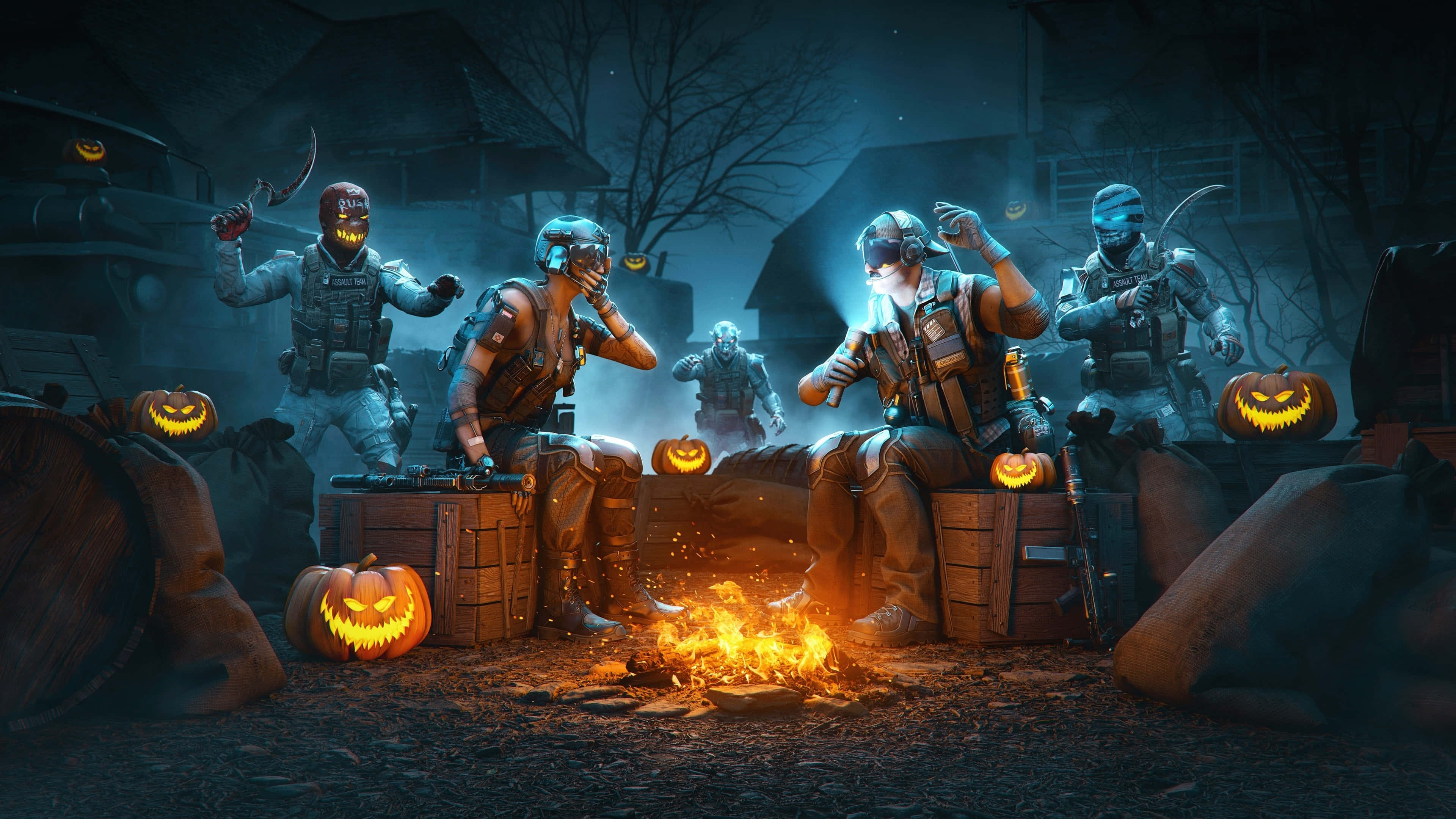 Halloween Games, tactical gear, campfire, 4K Desktop Wallpaper