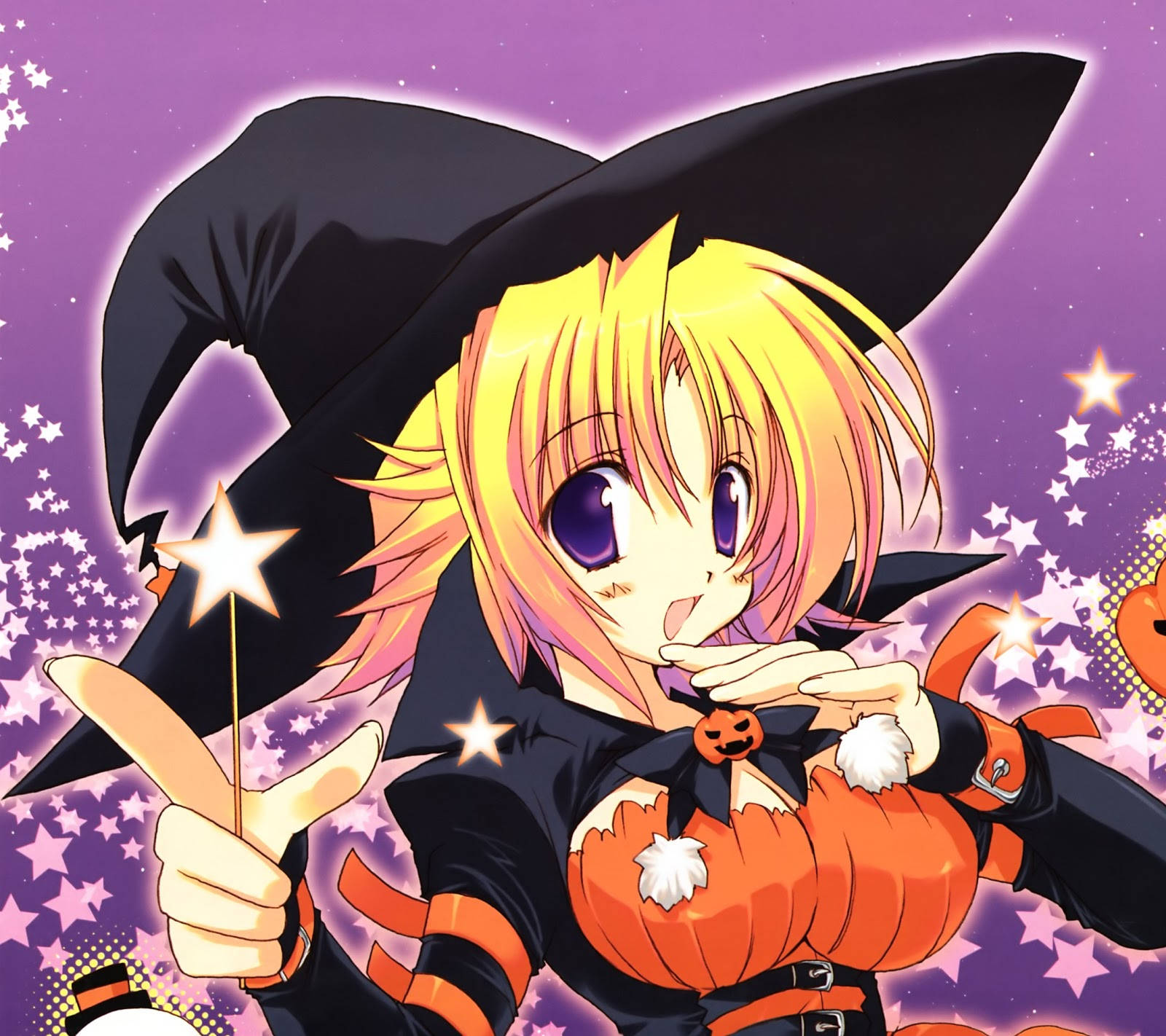 anime witch, blonde hair, purple eyes, HD Desktop Wallpaper