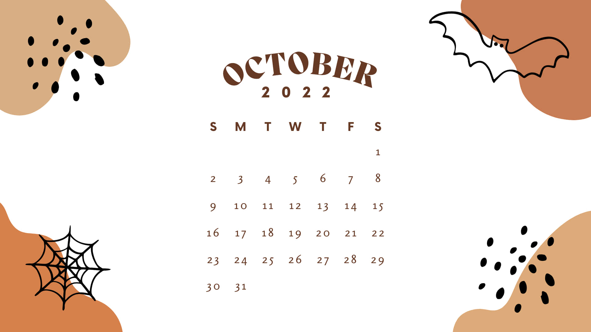 October 2022 calendar, minimalist brown text, Halloween-themed bat spiderweb accents, Full HD Desktop Wallpaper