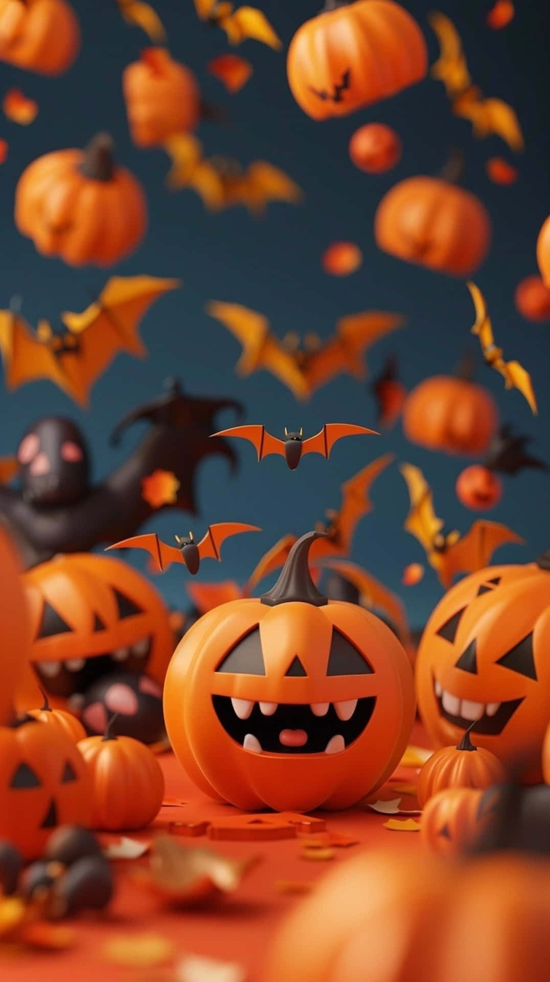 jack-o'-lanterns, bats, dark blue backdrop, Full HD Phone Wallpaper