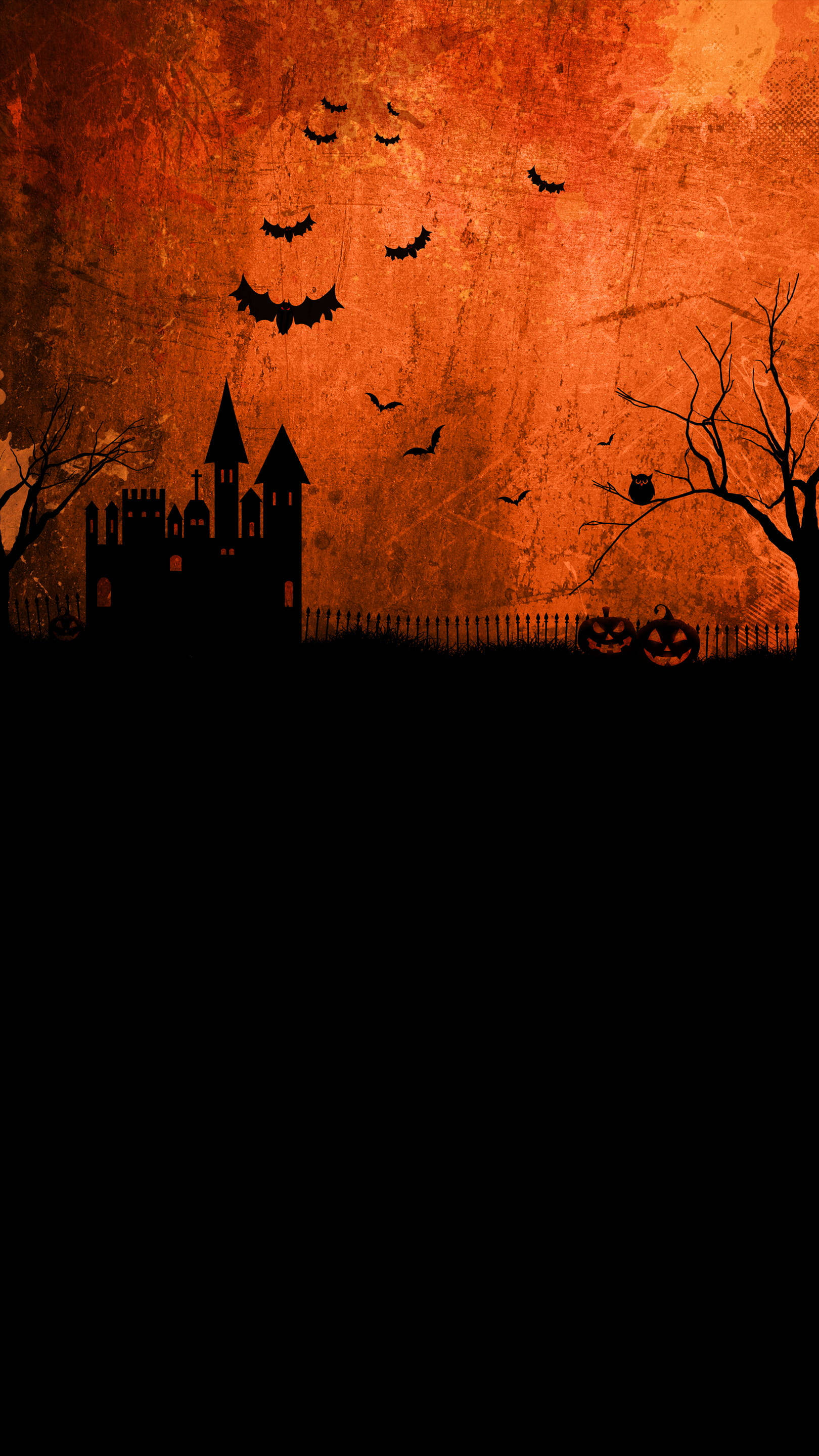 orange sky, flying bats, jack-o'-lanterns, 2K Phone Wallpaper