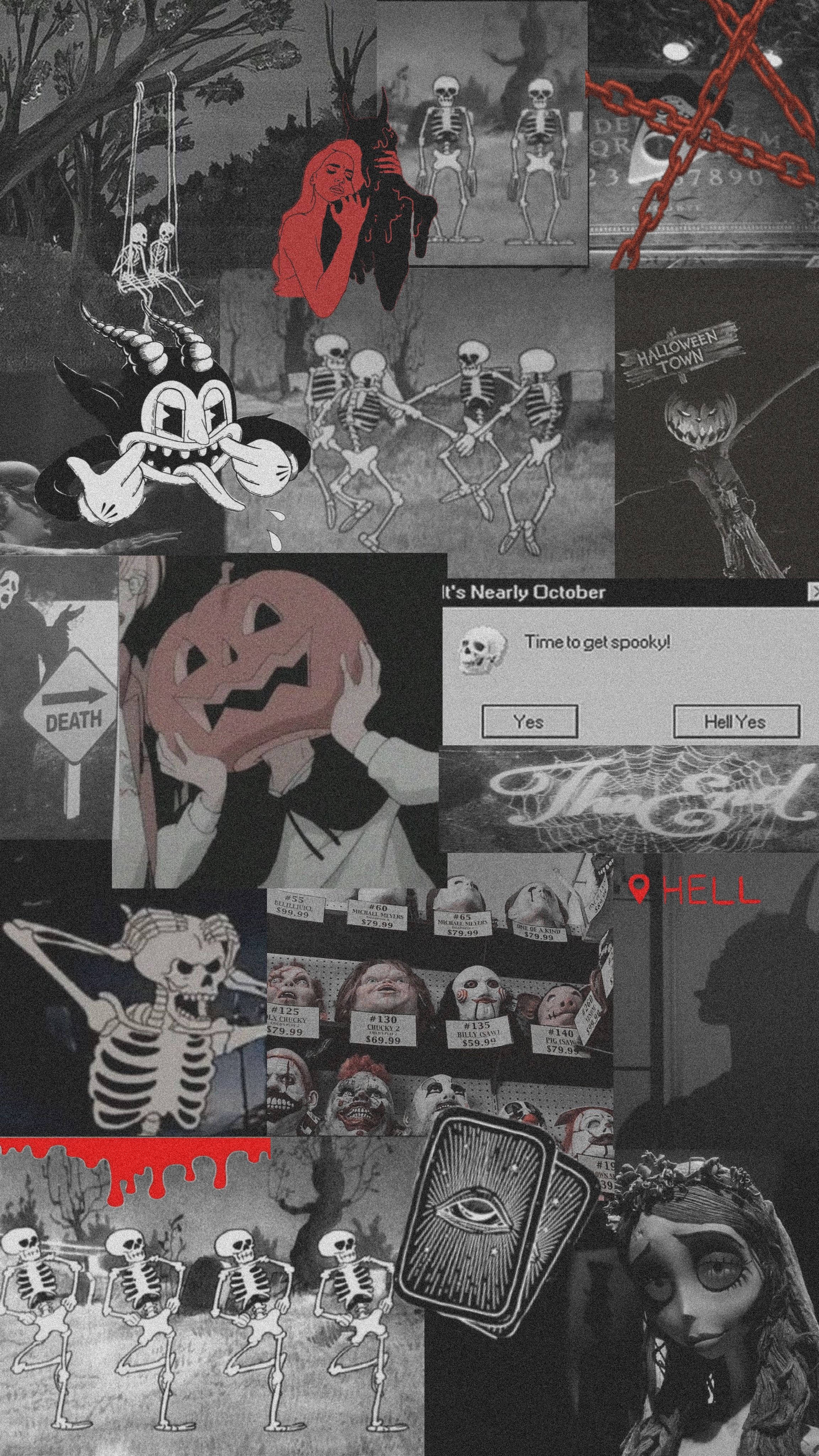 Halloween Grunge, red and gray, skeletons dancing, 4K Phone Wallpaper