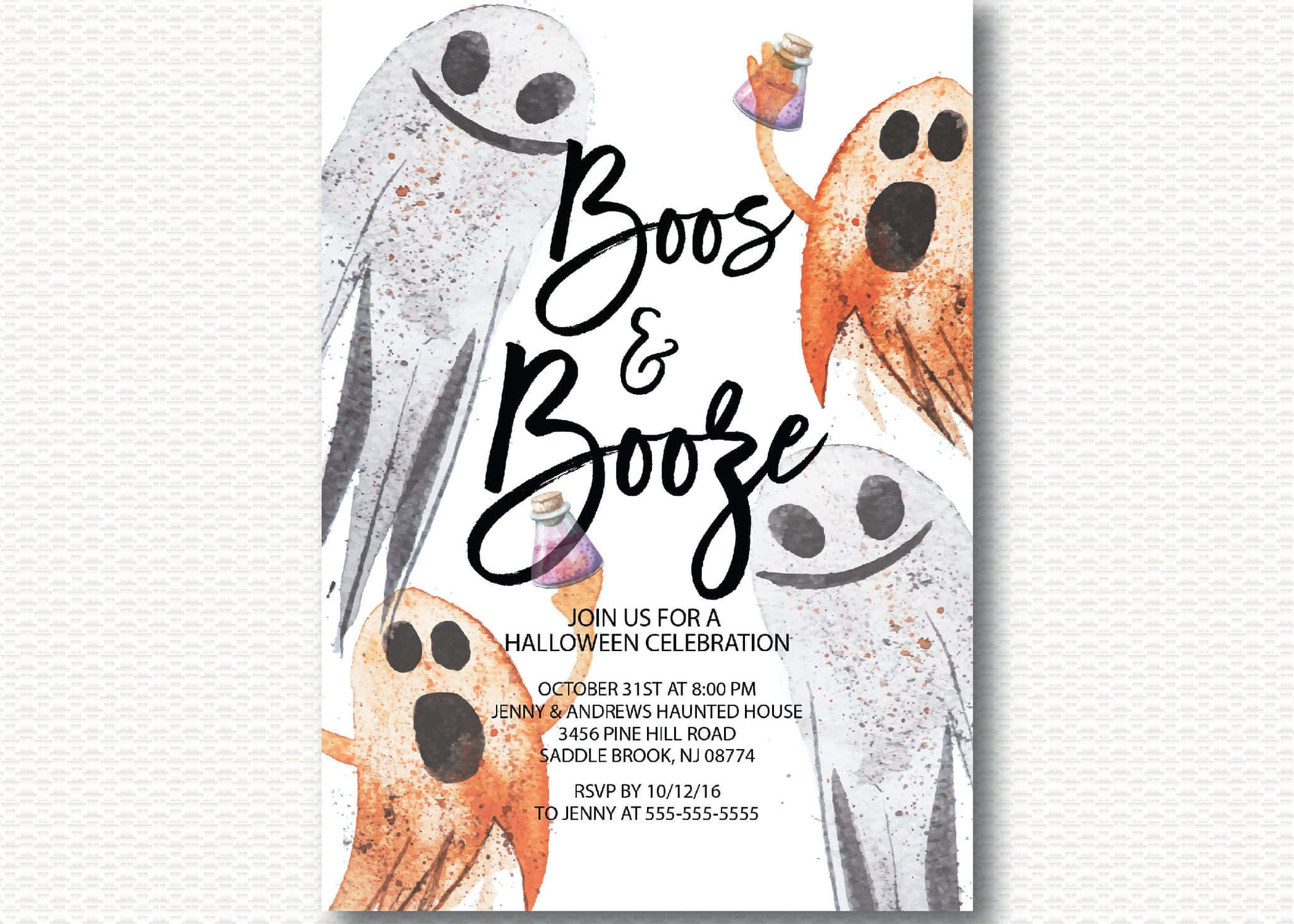 Halloween invitations, watercolor ghosts, potion bottles, Full HD Desktop Wallpaper
