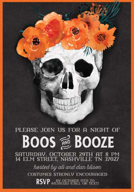 watercolor skull, vibrant orange flowers, dark chalkboard background, SD Phone Wallpaper
