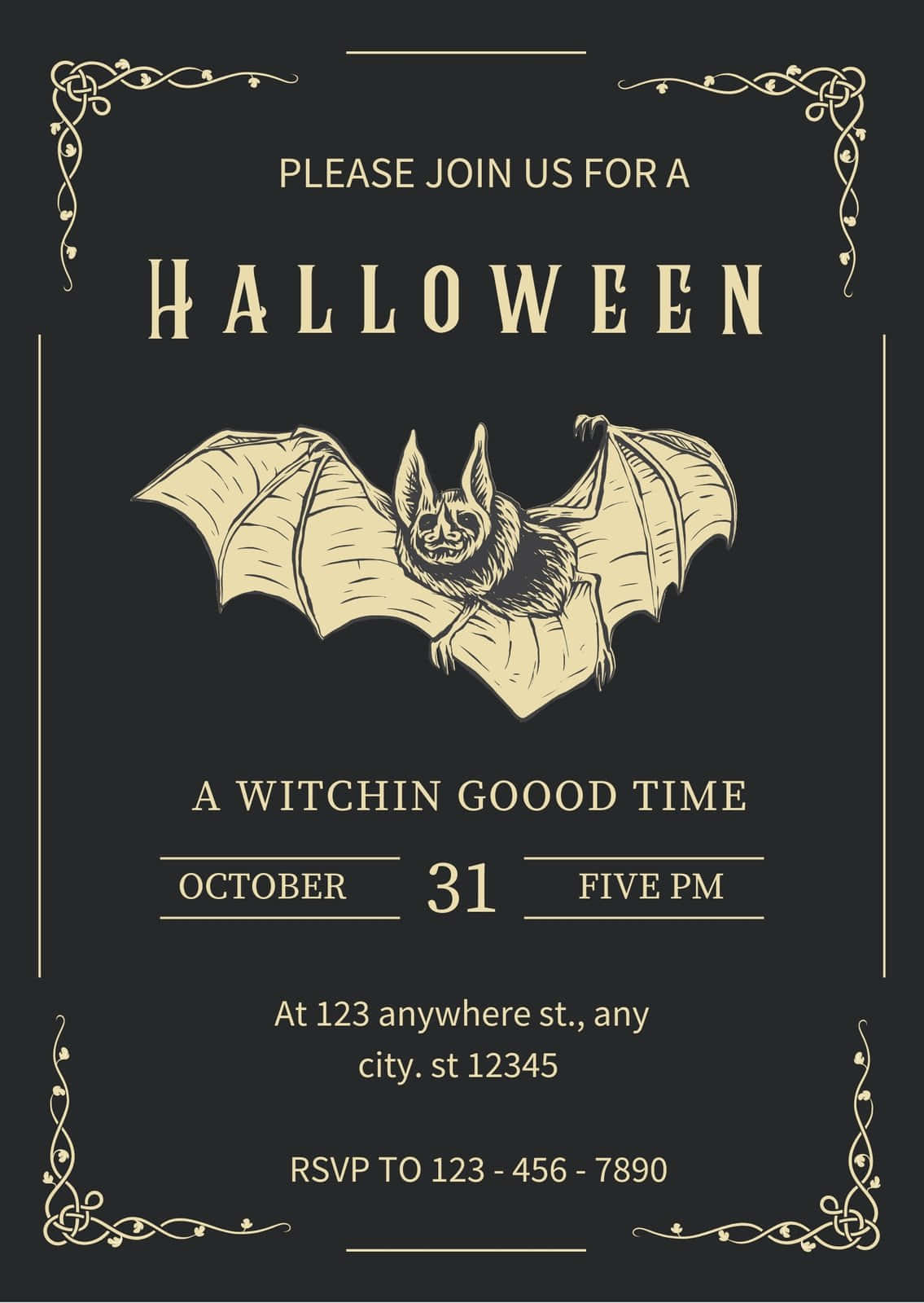 Halloween invitations, bat illustration, ornate gold borders, HD Phone Wallpaper