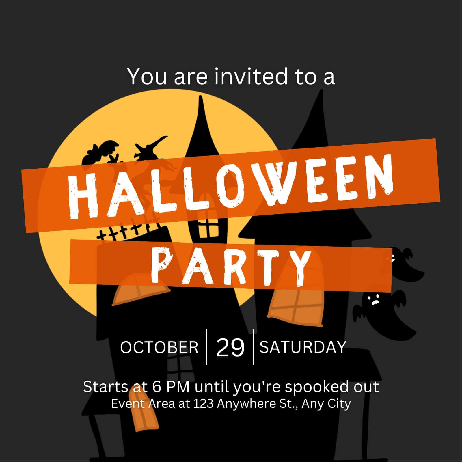 Halloween Invitations, spooky haunted house silhouette, glowing orange moon, HD Desktop Wallpaper