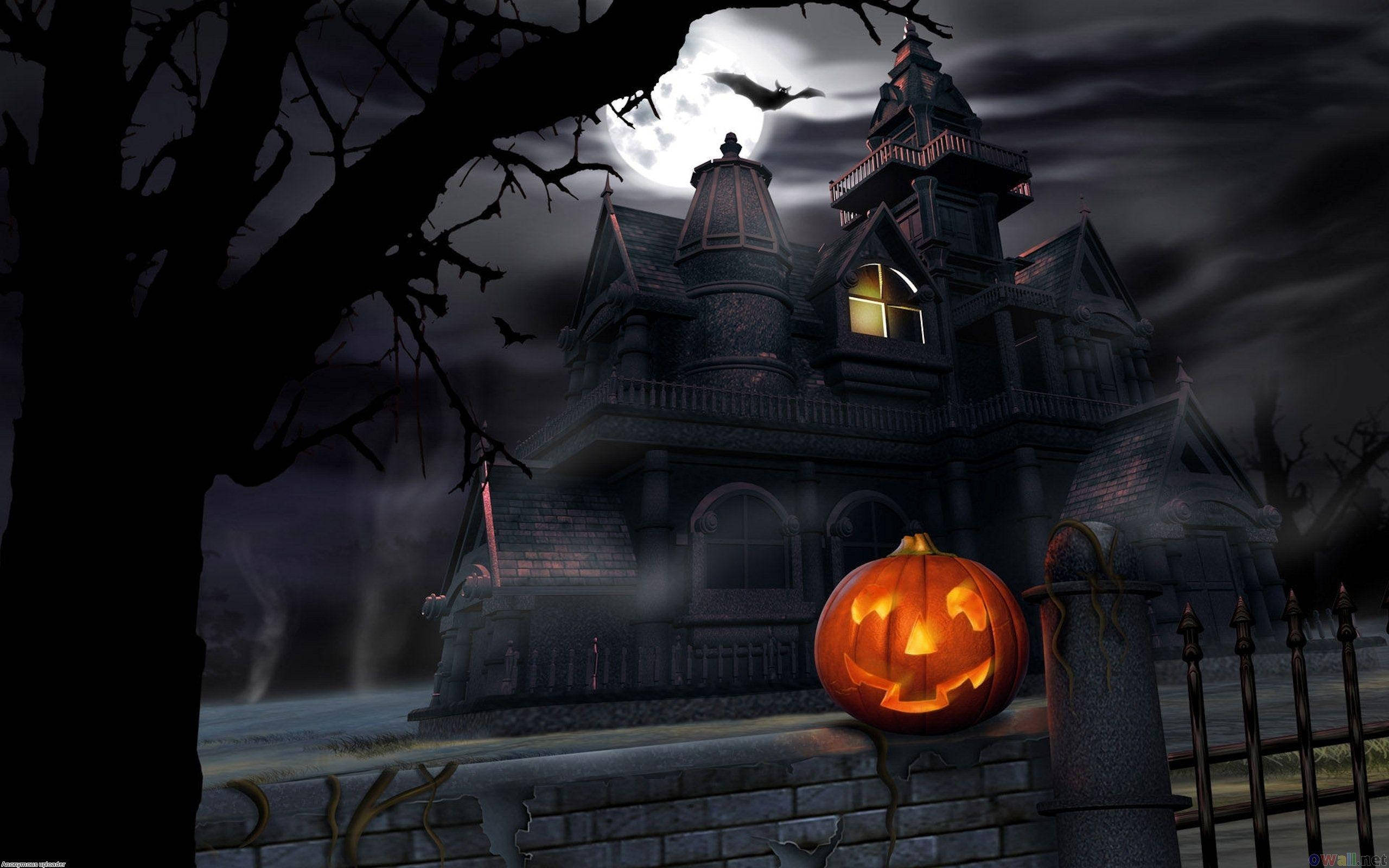 jack-o'-lantern, haunted mansion, full moon, 2K Desktop Wallpaper