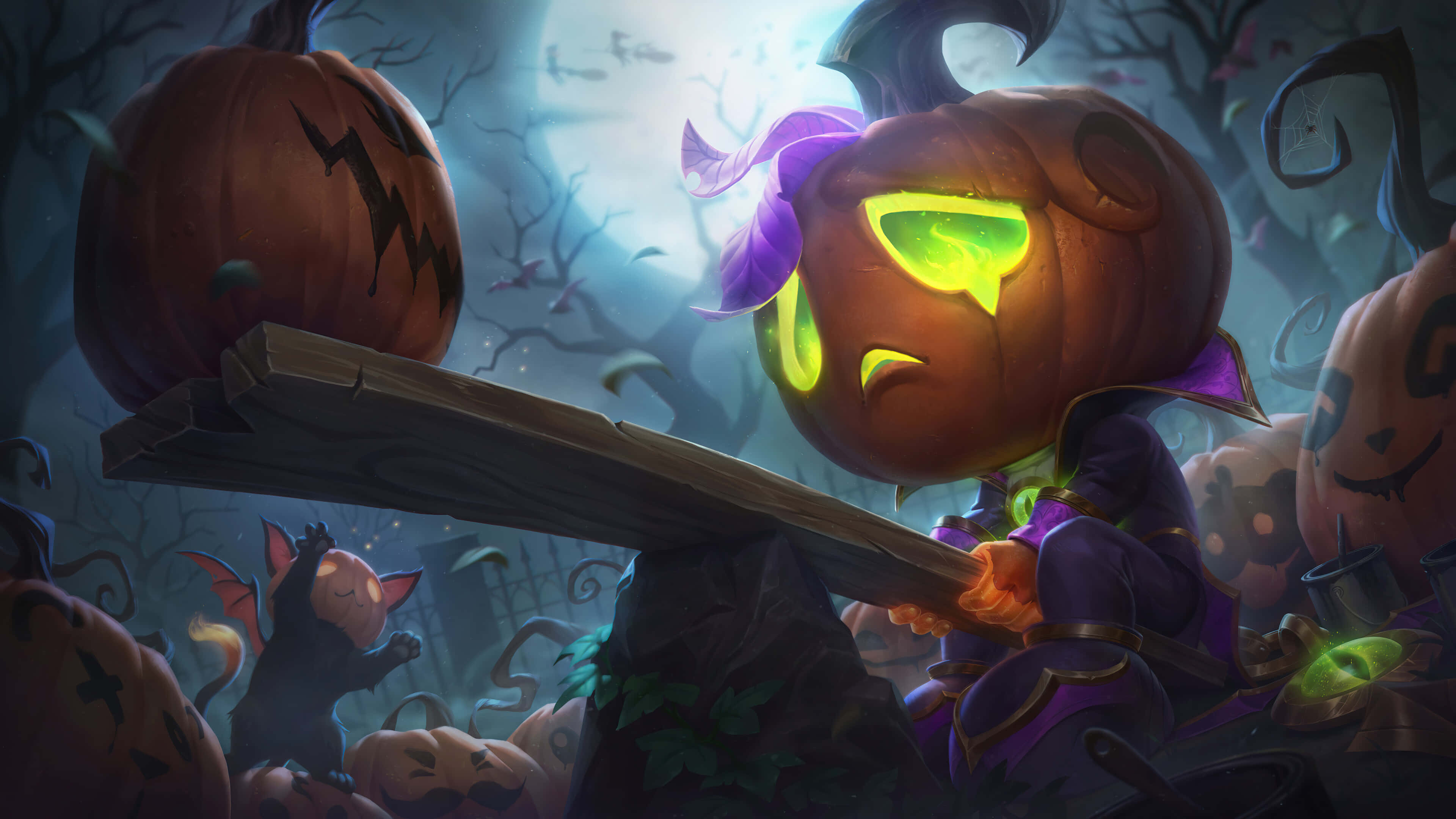 jack-o-lantern character, purple robes, moonlit forest, 4K Desktop Wallpaper
