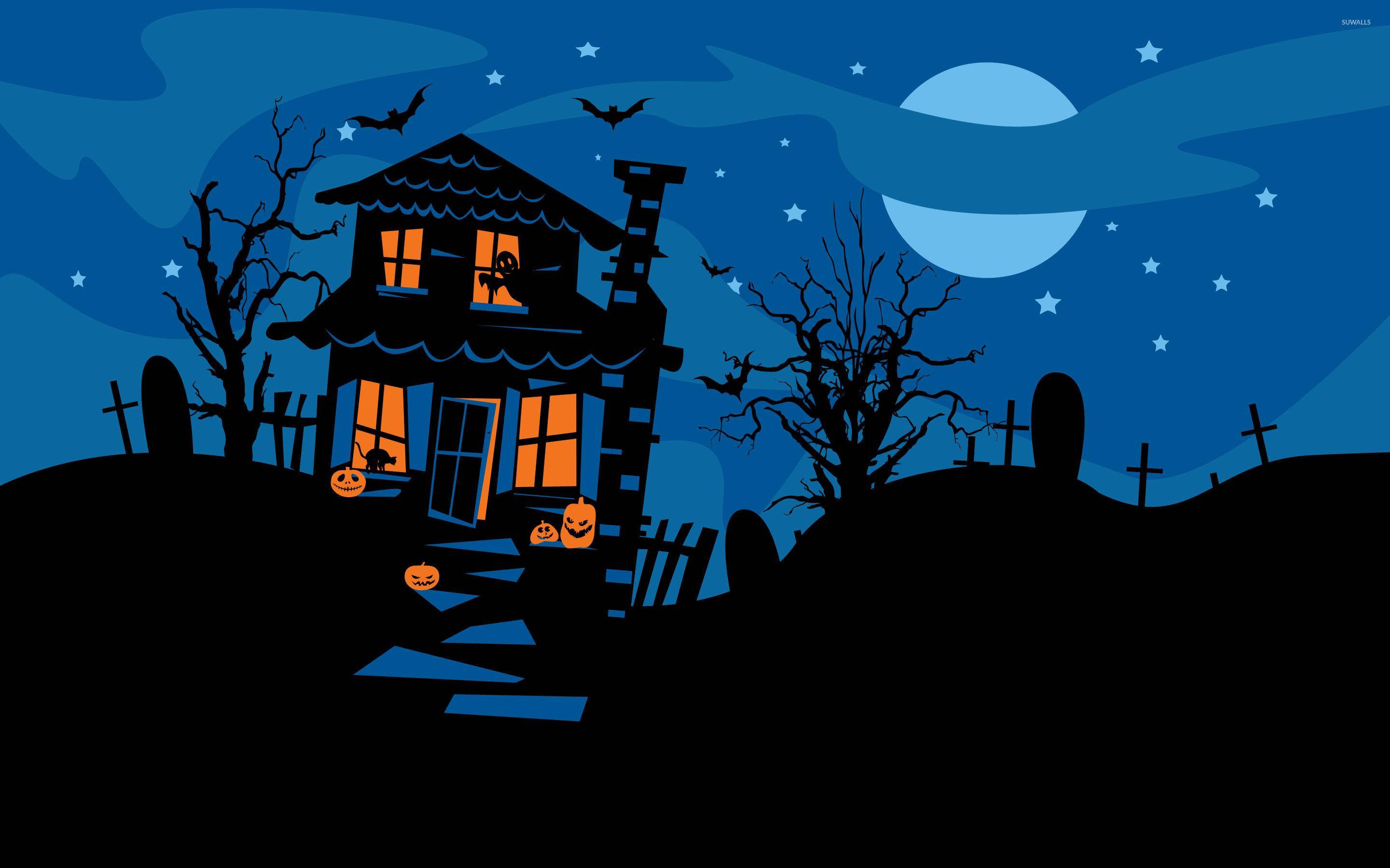 haunted house, glowing orange windows, jack-o-lanterns, 2K Desktop Wallpaper