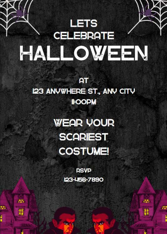 Halloween invitations, purple haunted houses, angry ghouls, SD Phone Wallpaper