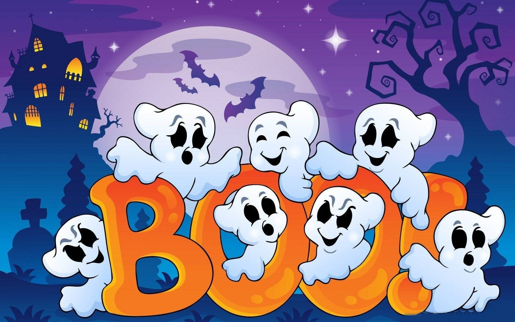 Halloween iPad, glowing orange 'BOO' sign, spooky purple night sky, HD Desktop Wallpaper