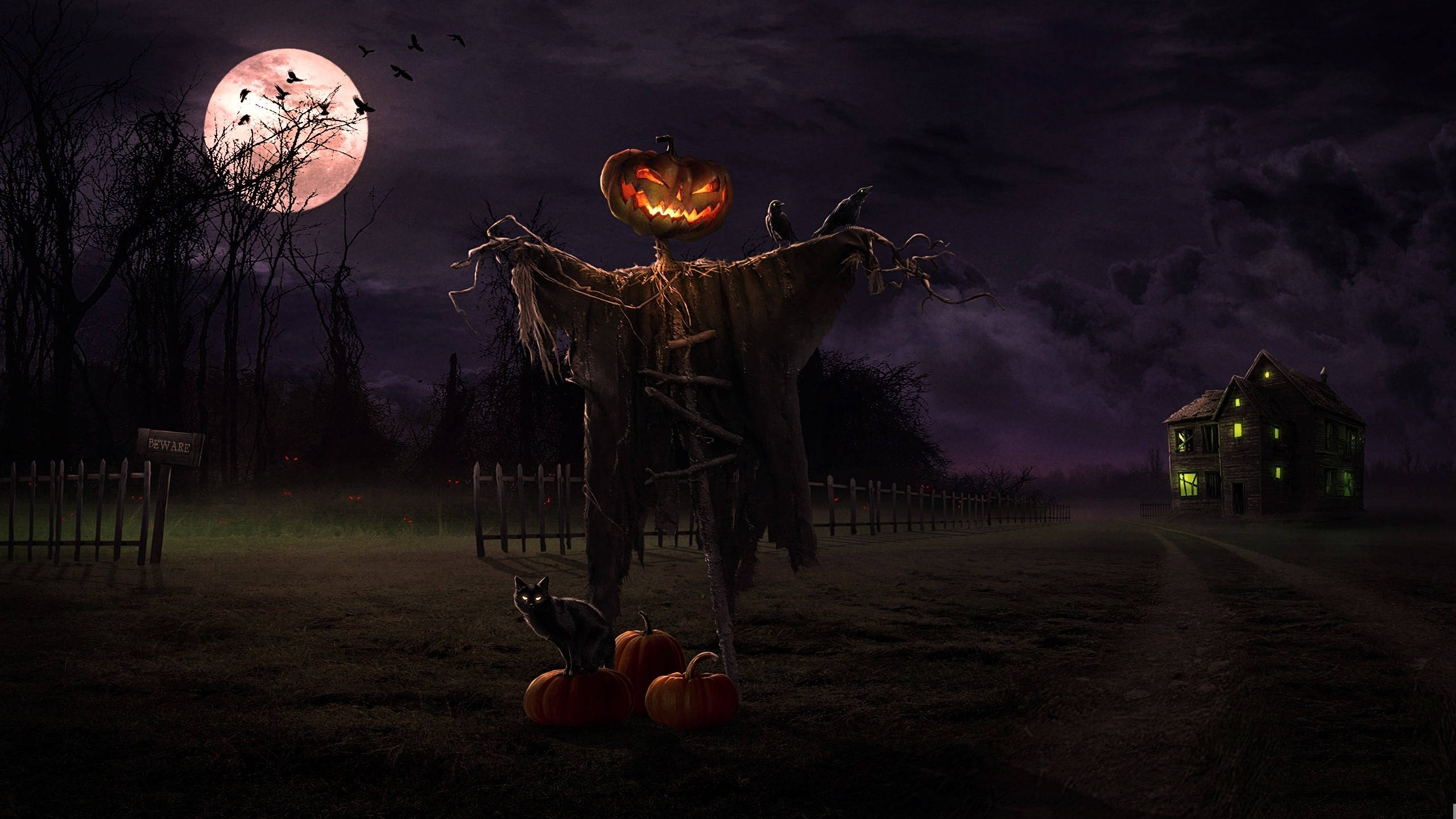 halloween iPad, jack-o-lantern scarecrow, haunted field, 2K Desktop Wallpaper