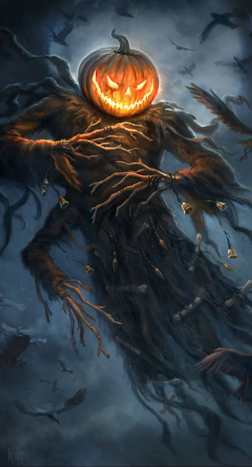pumpkin-headed scarecrow, glowing eyes, gnarled limbs, HD Phone Wallpaper
