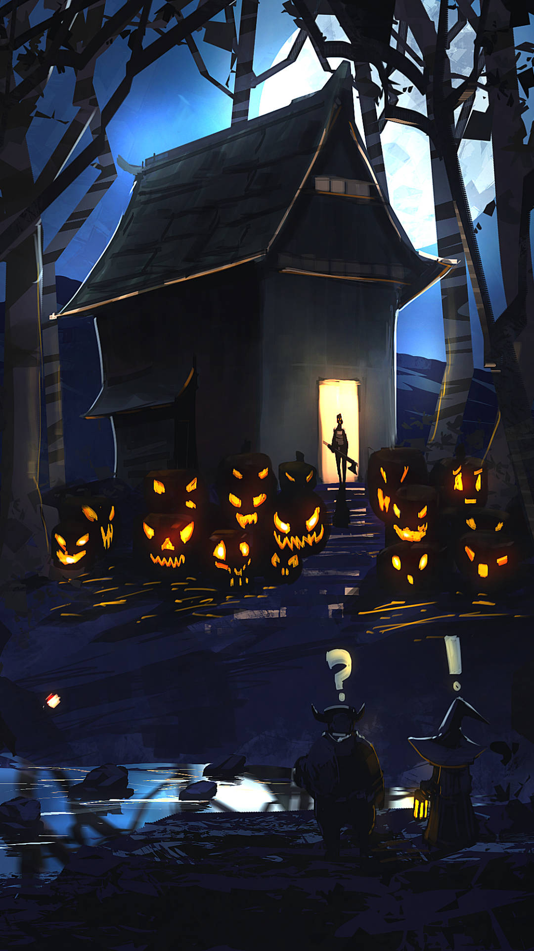 haunted house, night, glowing jack-o-lanterns, Full HD Phone Wallpaper