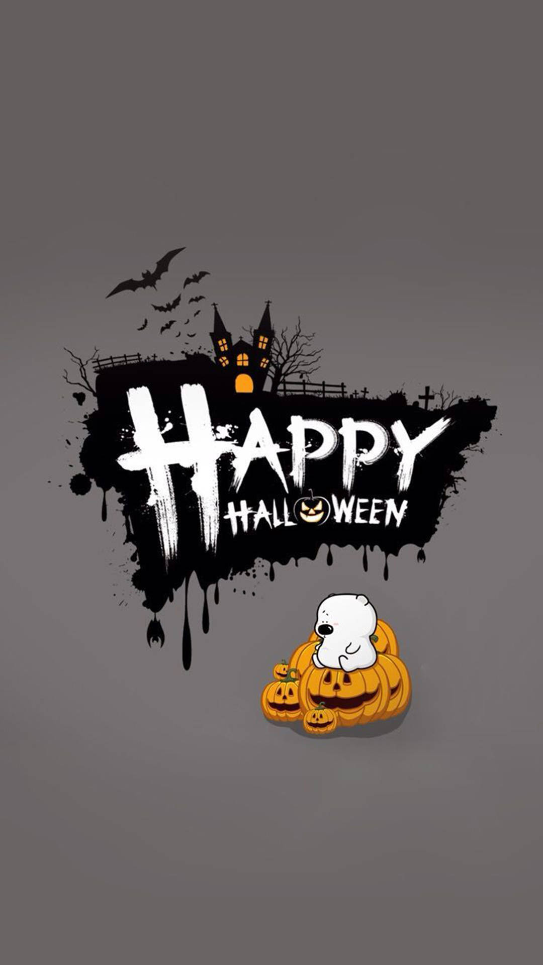 Scary Happy Halloween iPhone, cartoon white bear, orange pumpkins, Full HD Phone Wallpaper