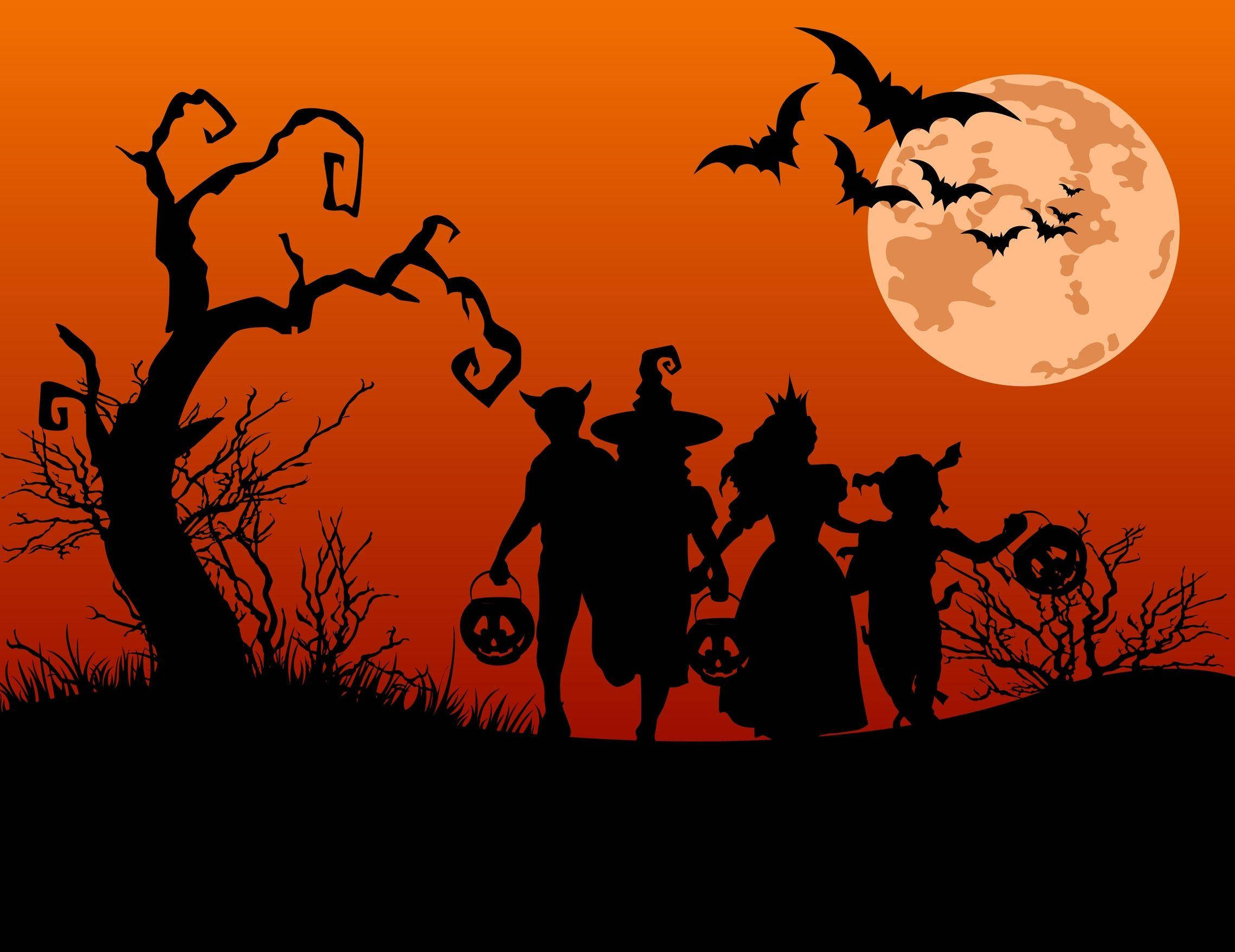 Halloween, silhouette, children in costumes, Full HD Desktop Wallpaper