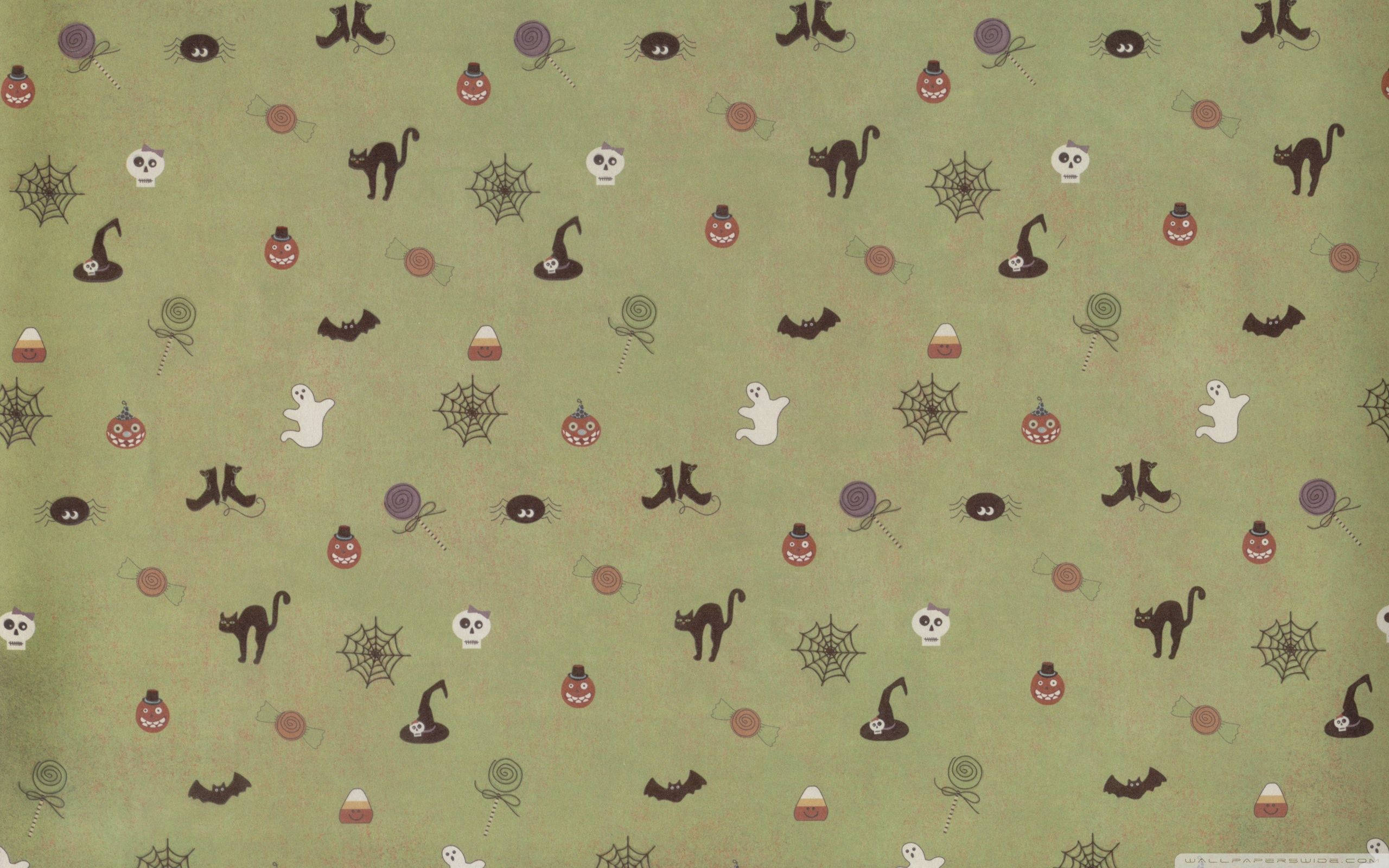Halloween Laptop, green fabric, black cats, 2K Desktop Wallpaper