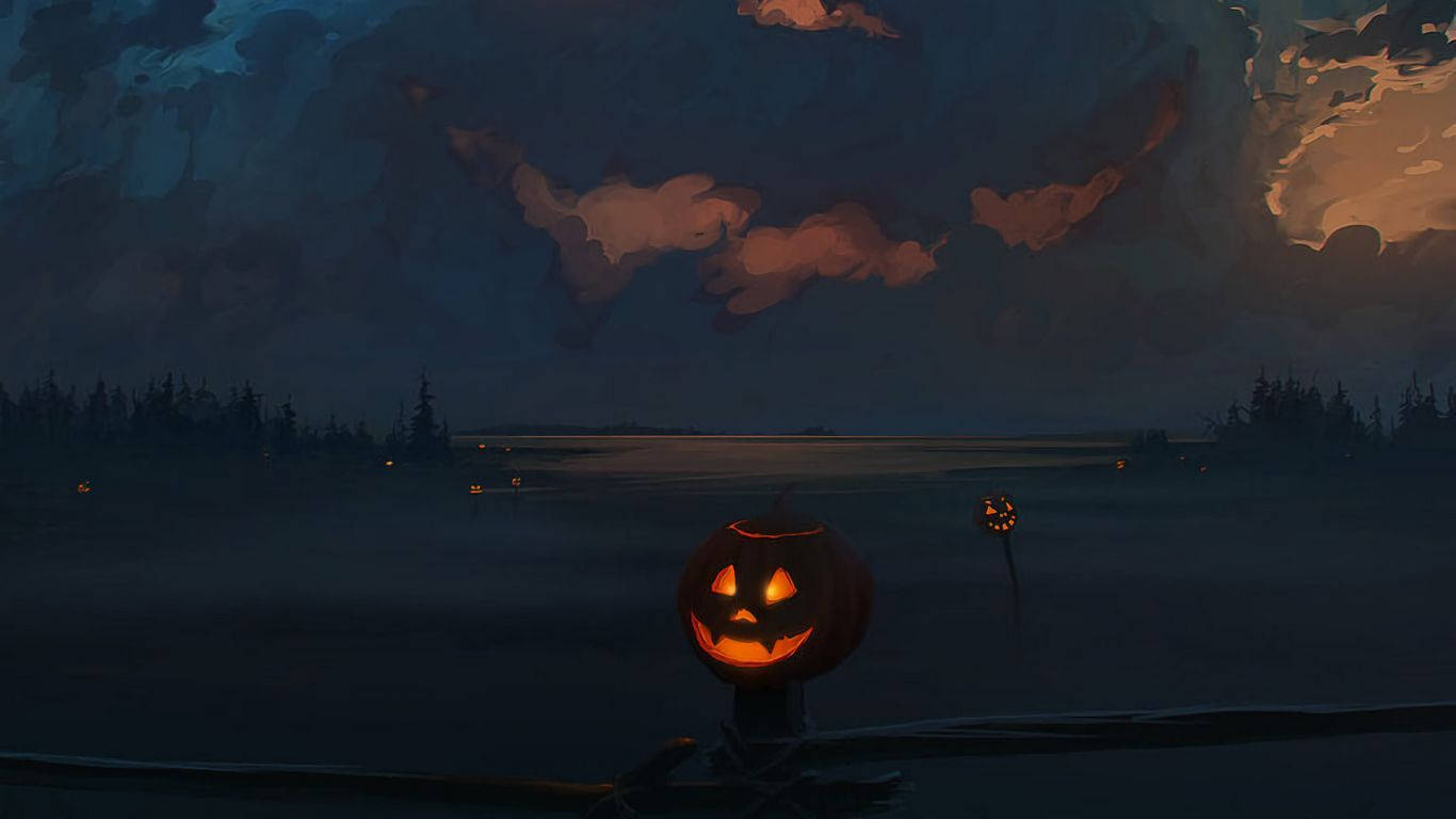 jack-o'-lantern, fence, dusk, HD Desktop Wallpaper