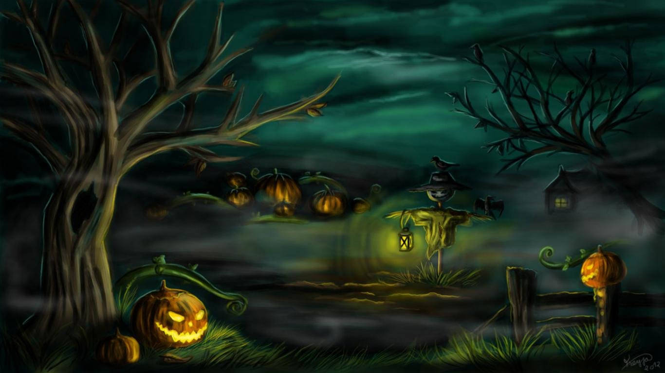Halloween Graveyard, jack-o'-lanterns, scarecrow, HD Desktop Wallpaper
