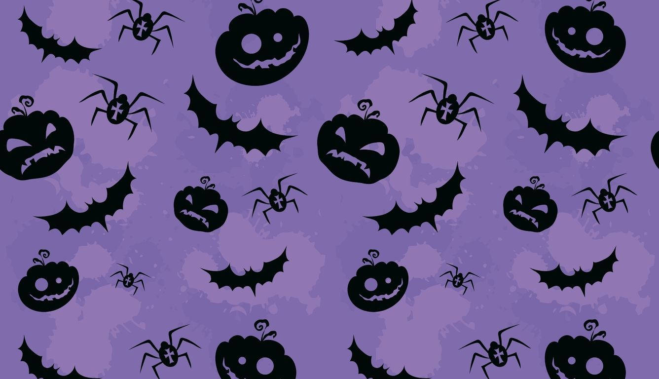Violet Halloween Laptop Pattern, black bats, spiders, HD Desktop Wallpaper