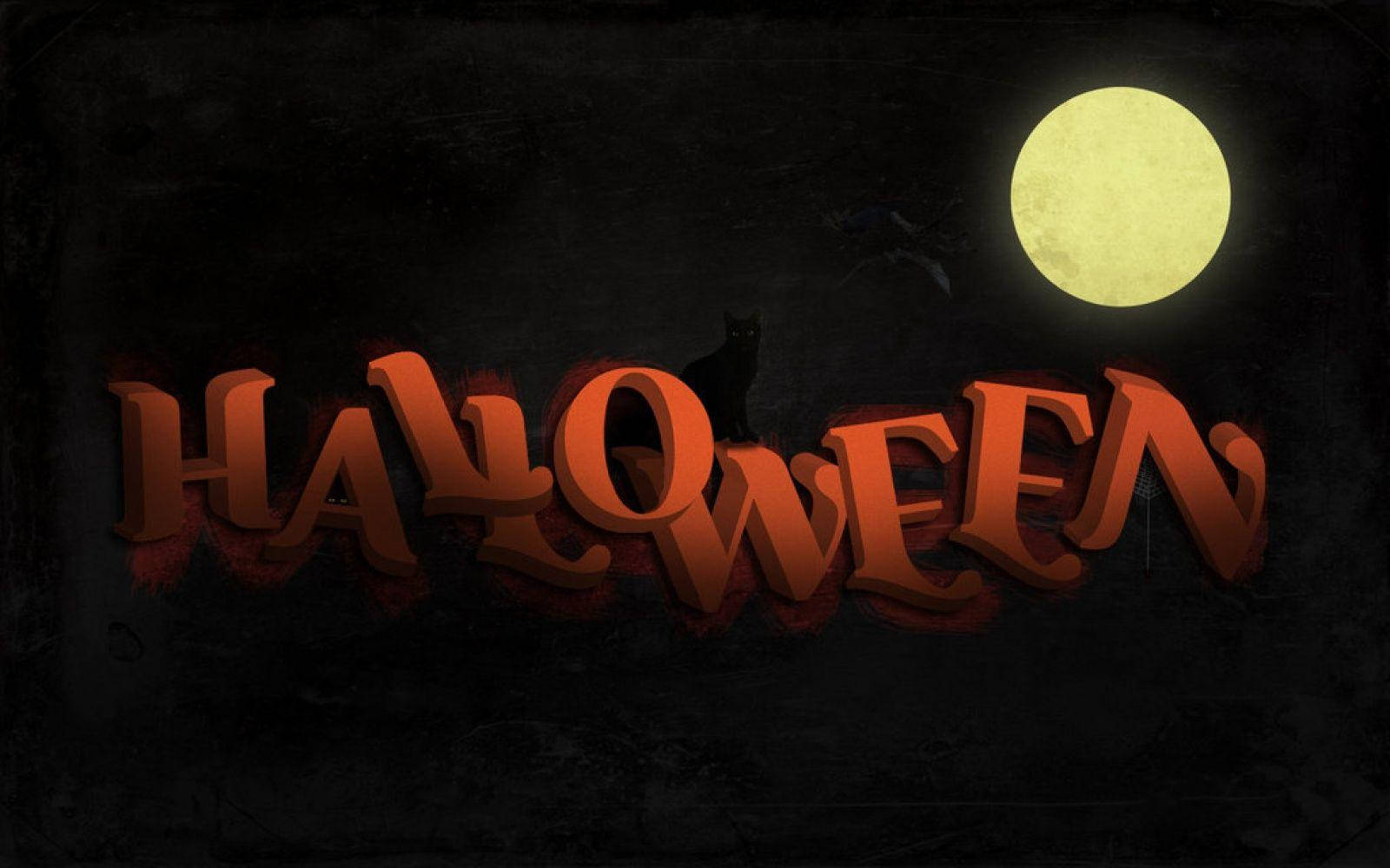 Halloween Laptop, glowing orange, black cat silhouette, HD Desktop Wallpaper