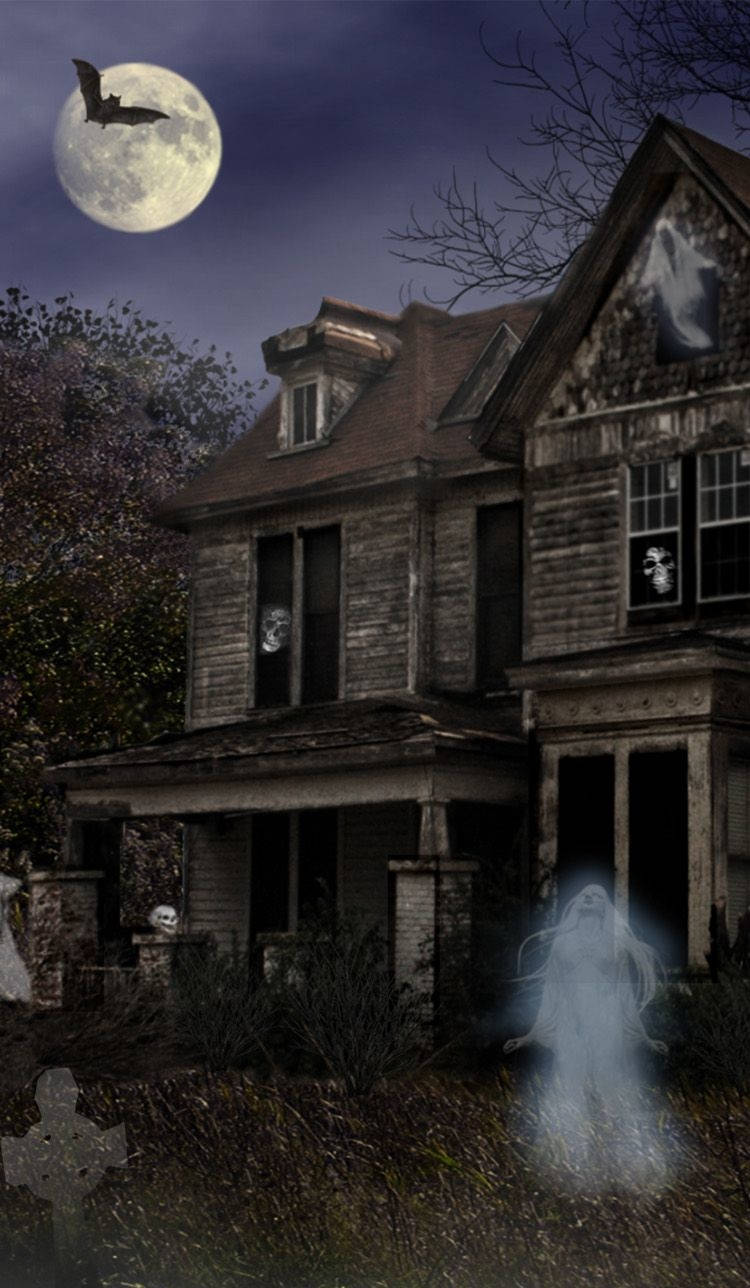 haunted house, full moon, ghosts, HD Phone Wallpaper