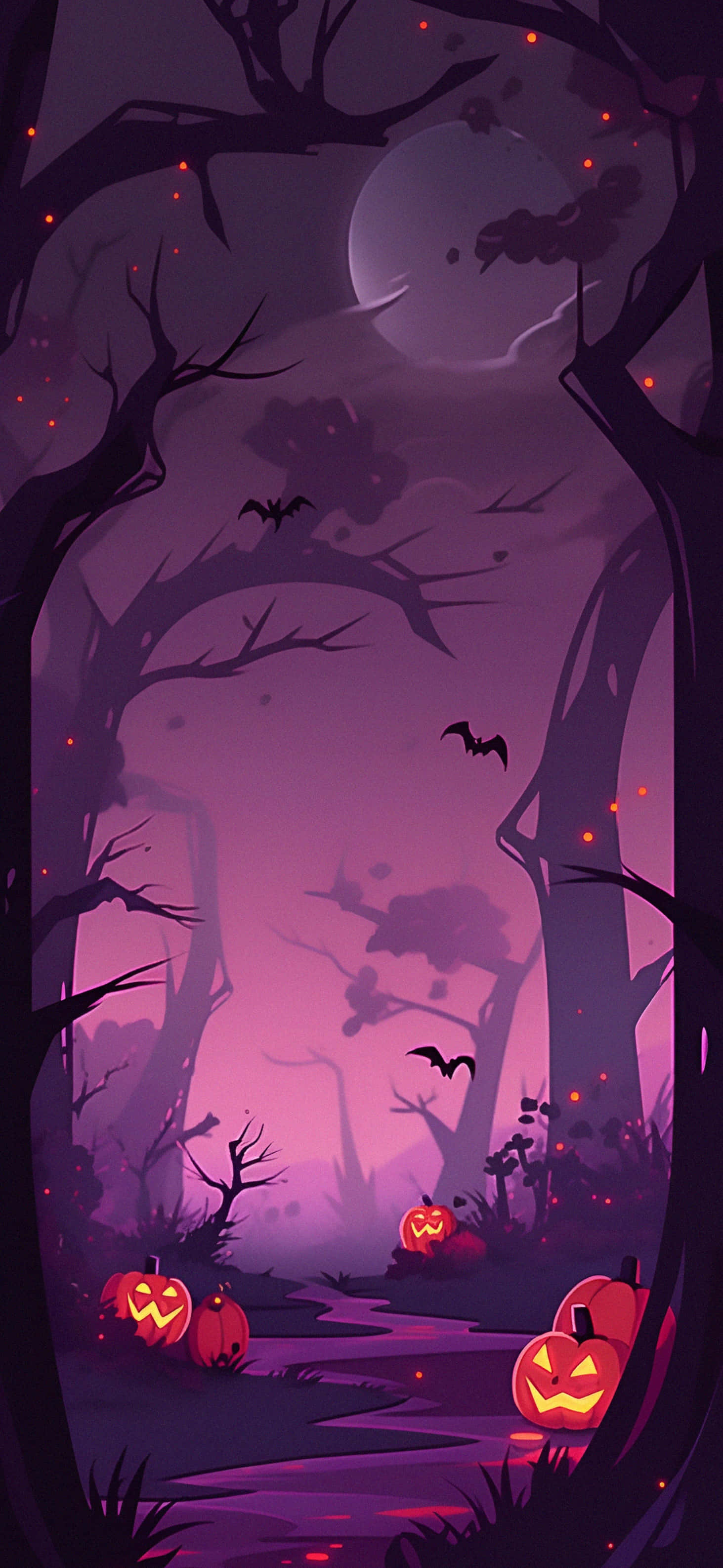 Halloween Night Forest, spooky purple forest, glowing jack-o-lanterns, 2K Phone Wallpaper