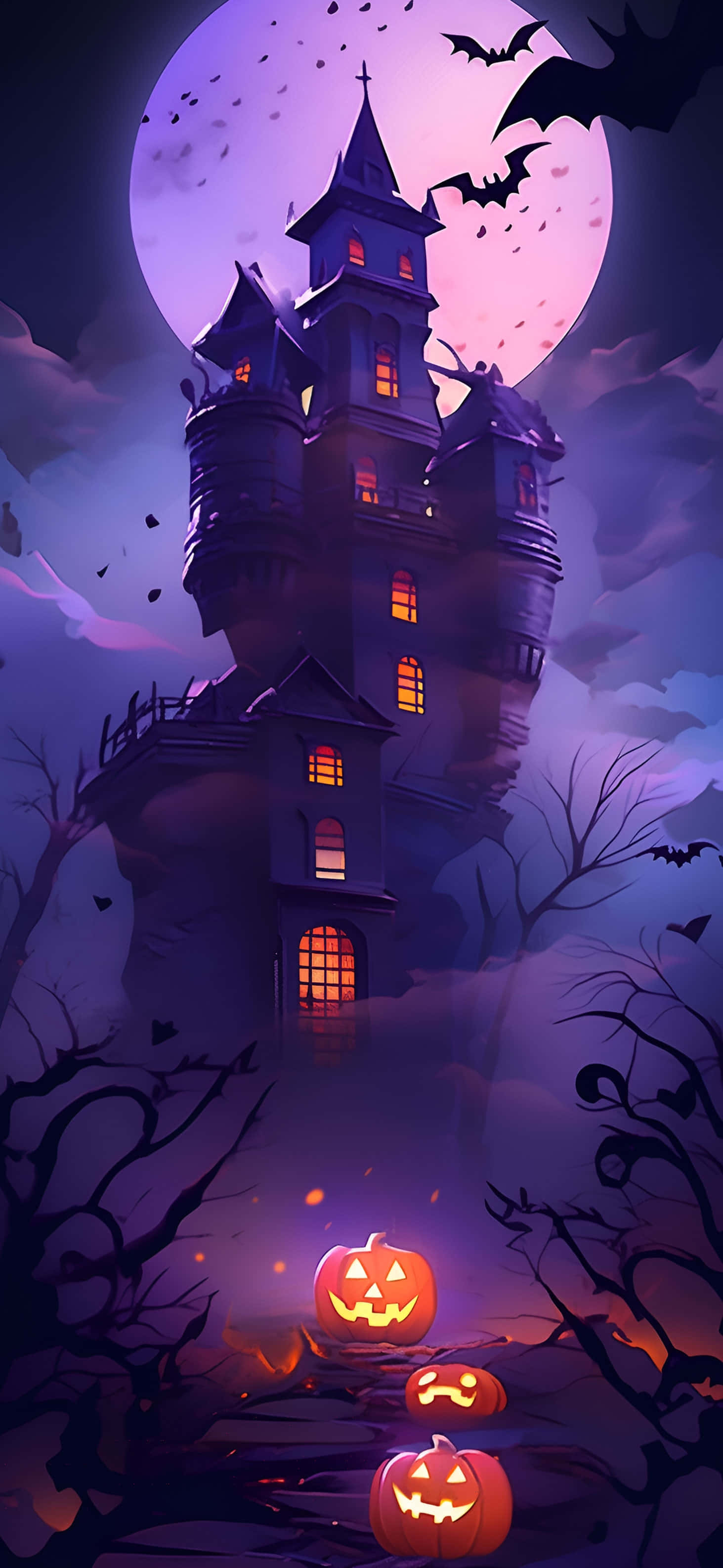 haunted castle, full purple moon, bats fly, 2K Phone Wallpaper