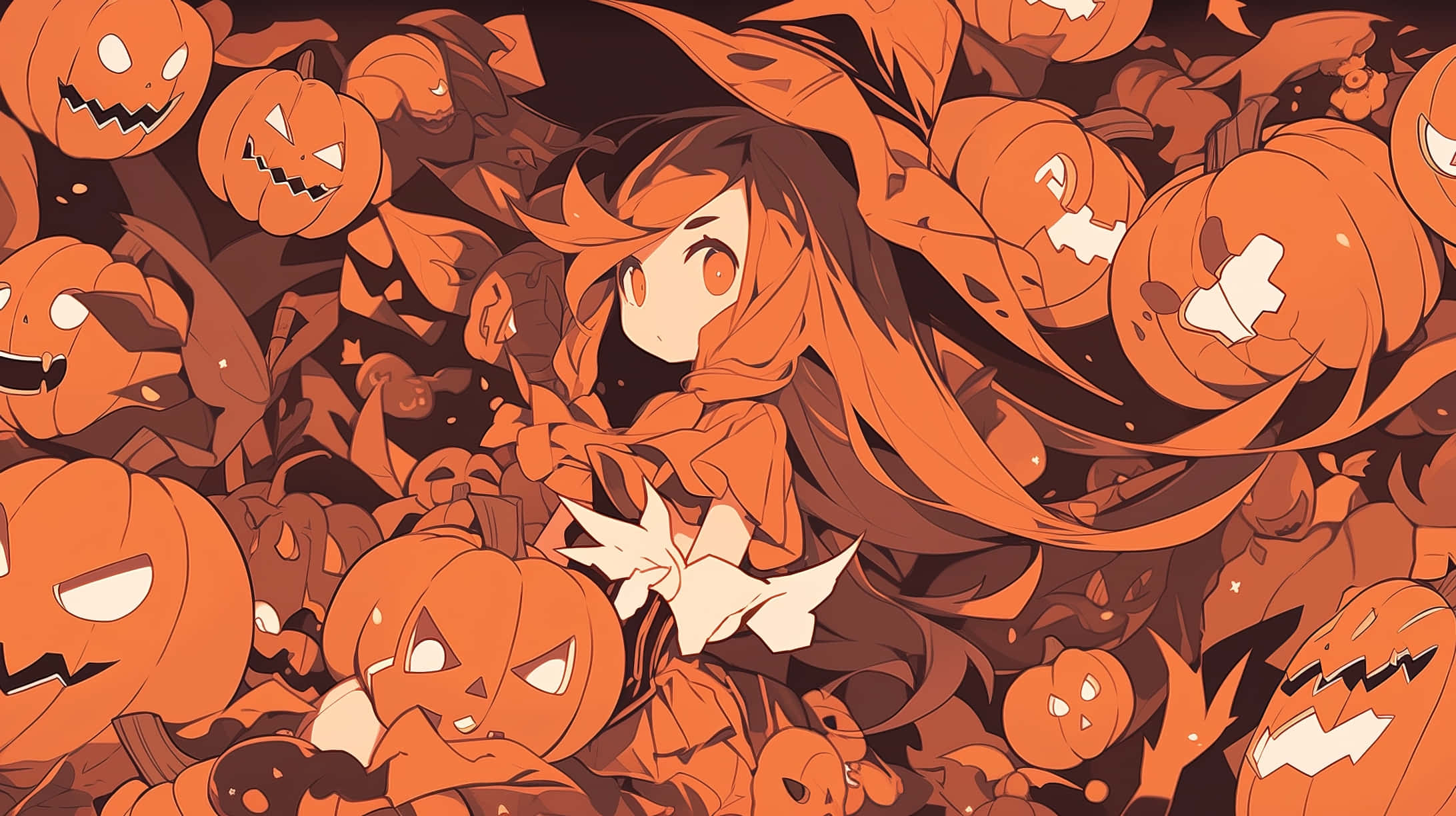 Halloween Anime Girl, orange hair, white bow, Full HD Desktop Wallpaper