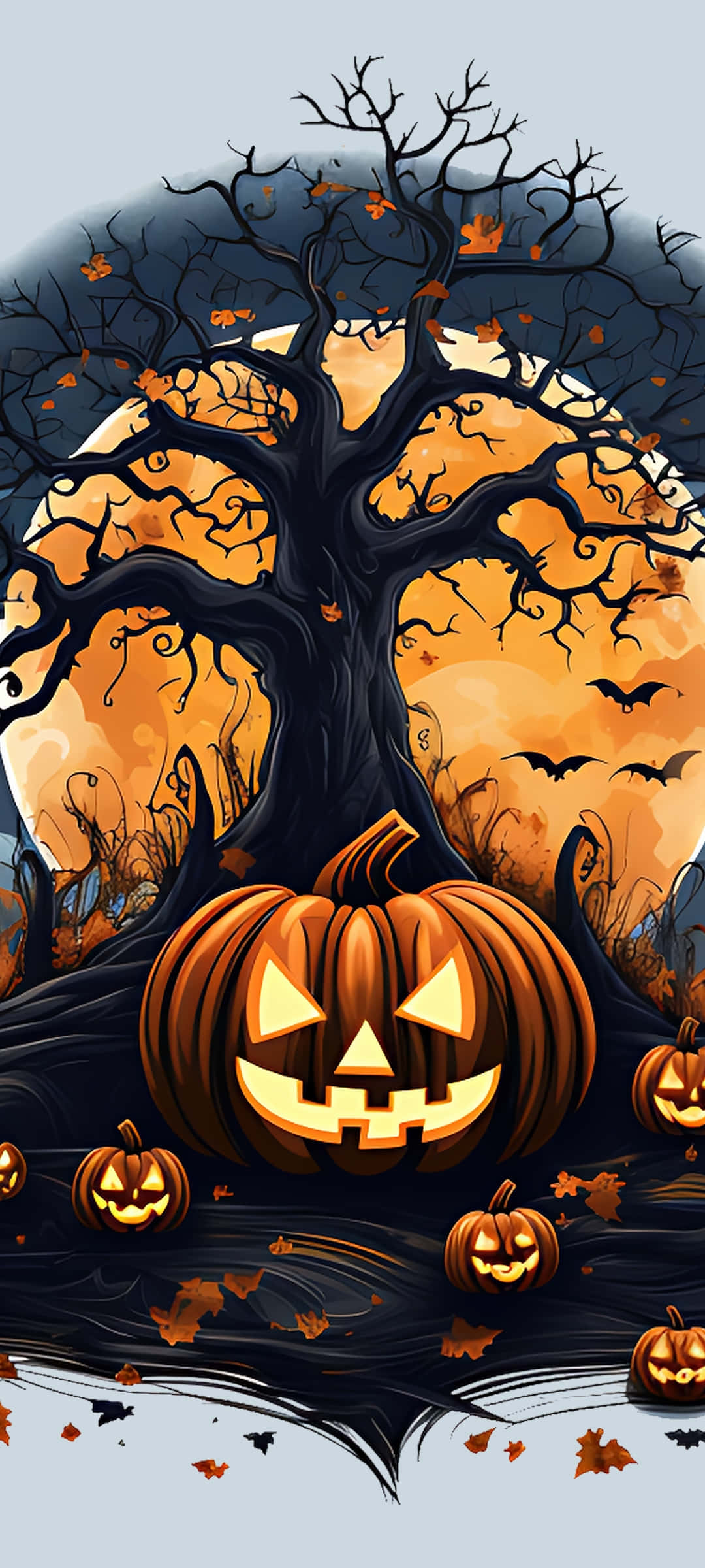 jack-o'-lantern, twisted black tree, orange moonlit sky, Full HD Phone Wallpaper